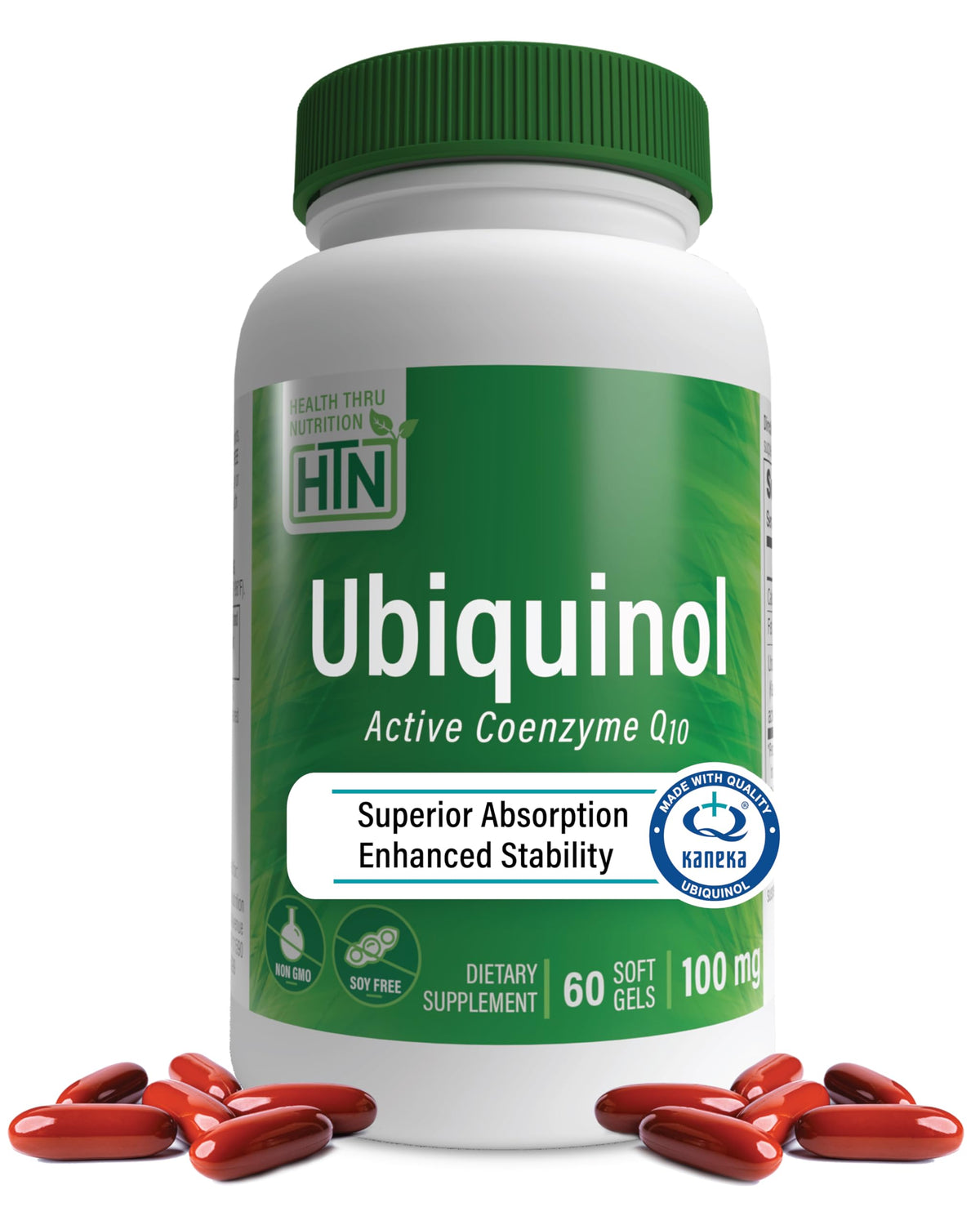 Health Thru Nutrition envase frontal Ubiquinol 100 mg, fácil identificación y confianza