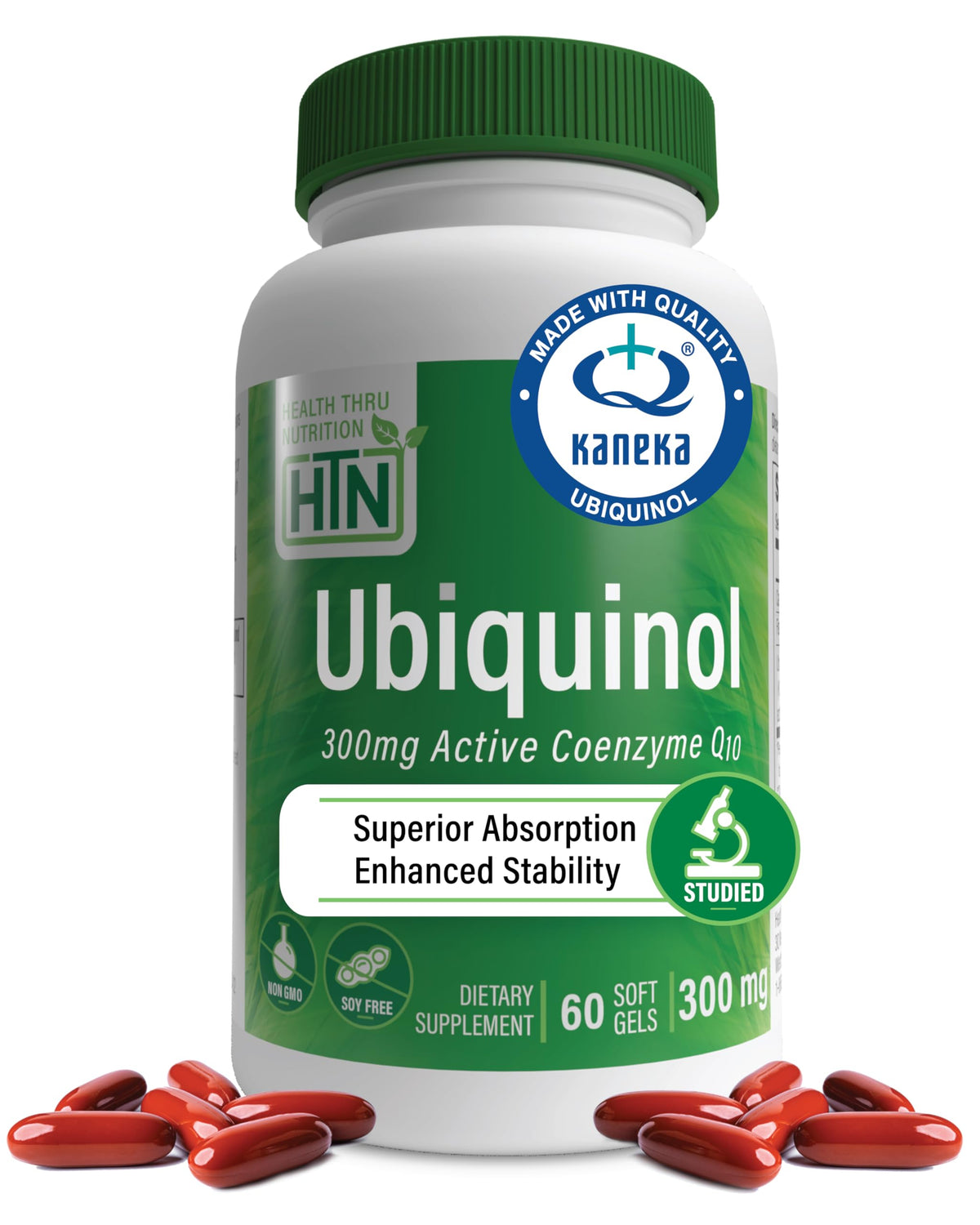 Health Thru Nutrition botella frontal con Ubiquinol 300 mg y ventaja de absorción