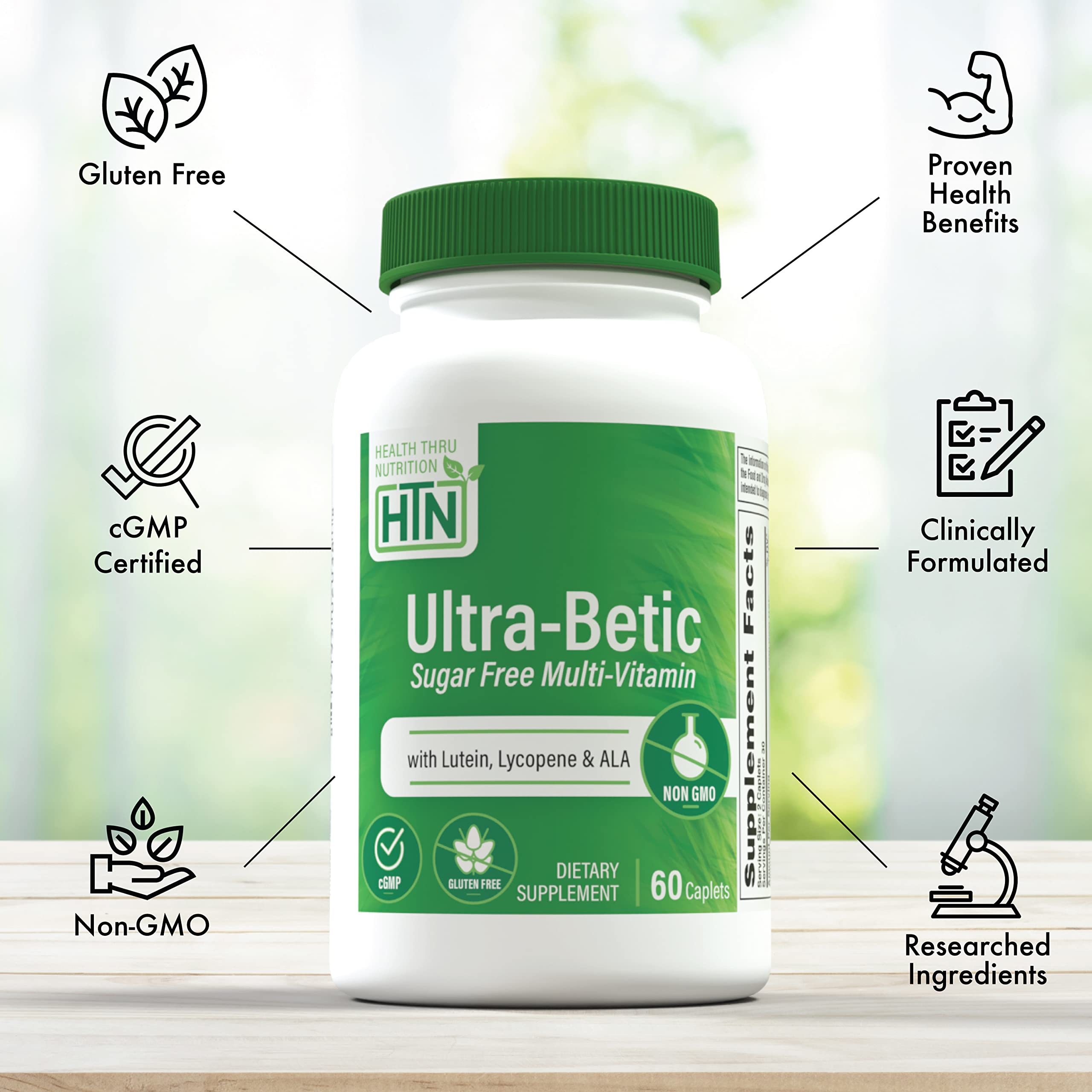 Health Thru Nutrition Ultra-Betic en mano para comparar tamaño y dosificación práctica