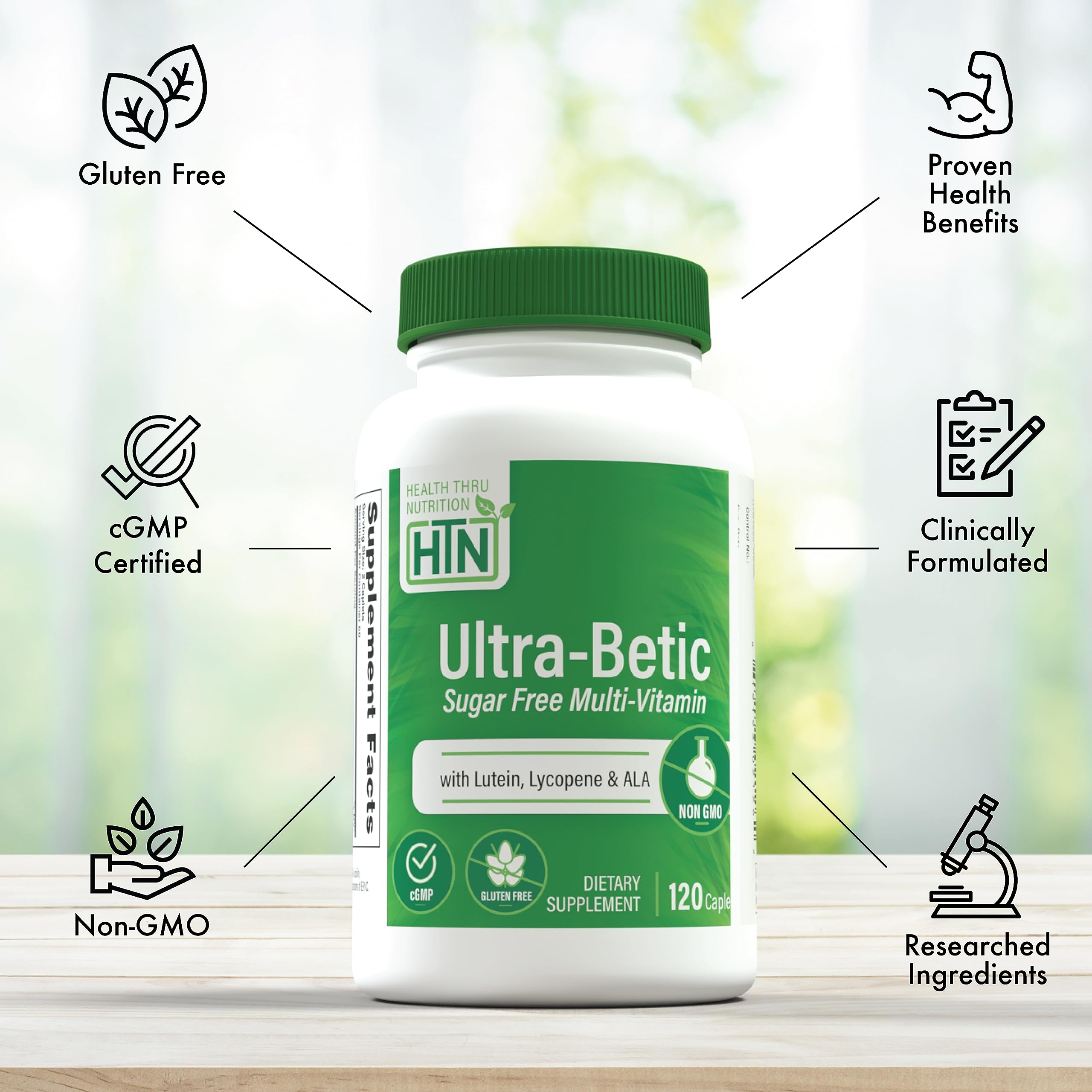 Health Thru Nutrition frasco Ultra-Betic comparado con una mano para escala