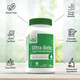 Health Thru Nutrition frasco Ultra-Betic comparado con una mano para escala