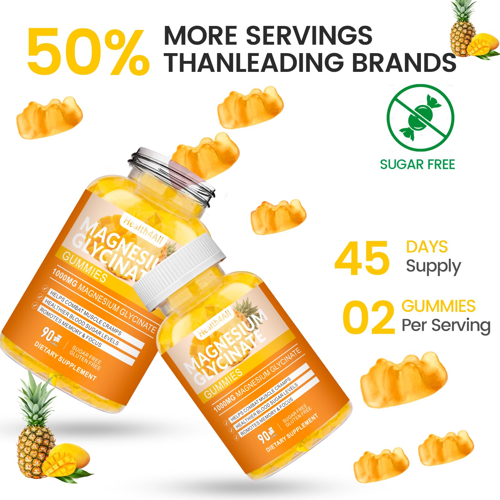 Health4All frasco junto a frutas mango y piña, sabor natural