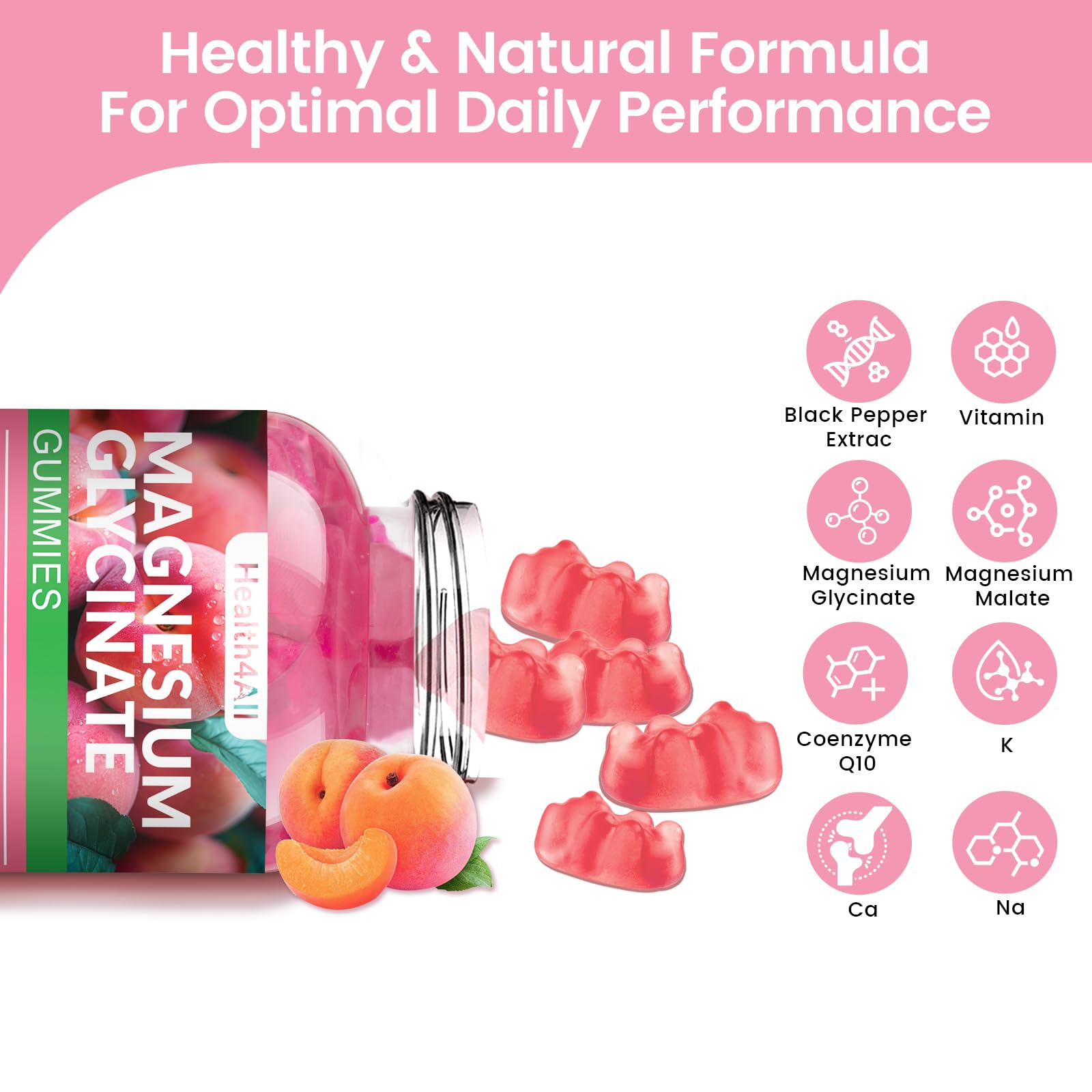 Health4All tarro abierto con gomitas color durazno, fácil acceso y dosificación