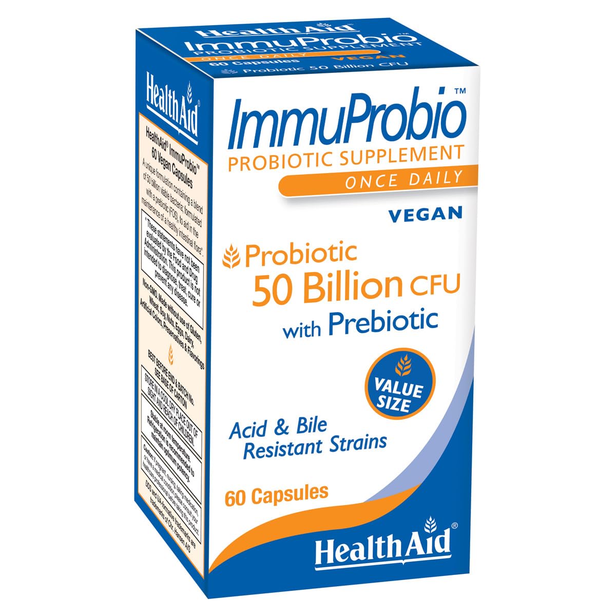 HealthAid ImmuProbio envase frontal mostrando 50 billion CFU y 60 cápsulas, ideal para apoyo diario