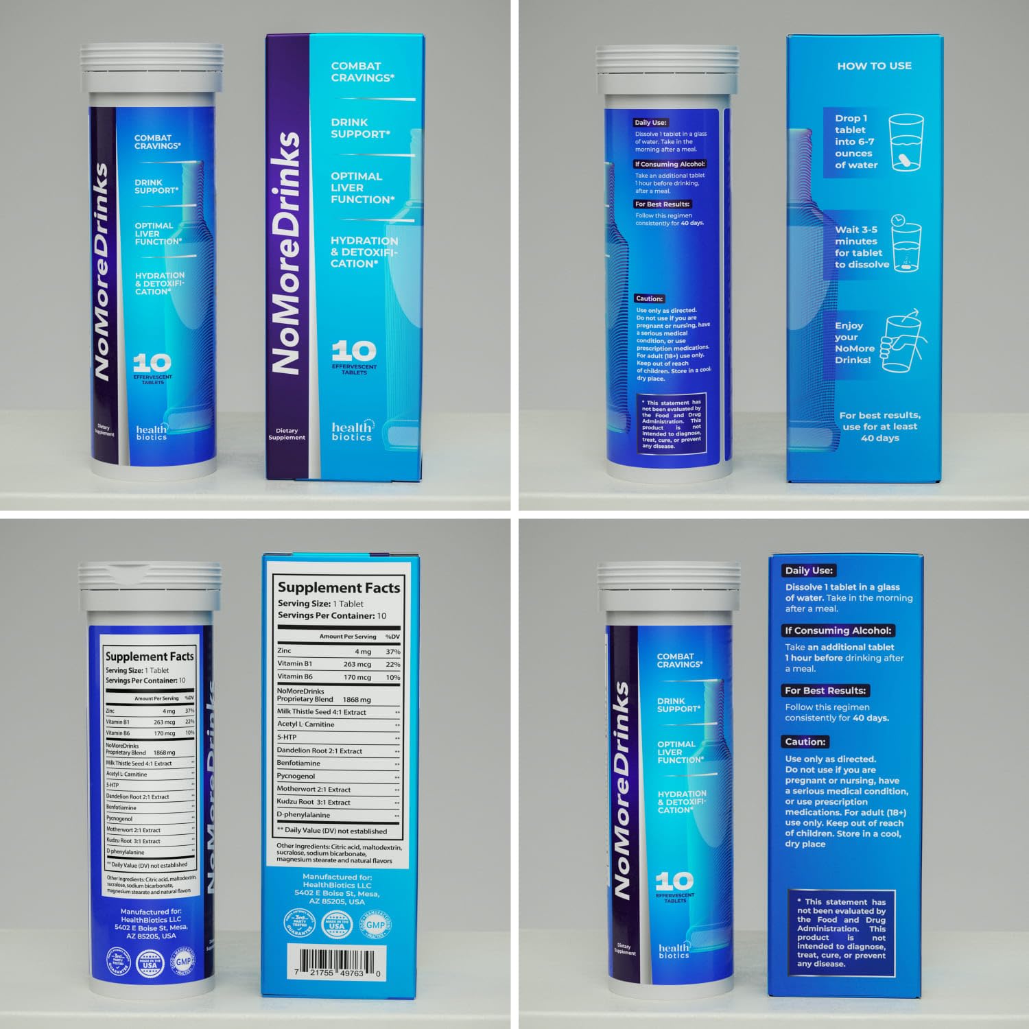 Healthbiotics caja abierta mostrando las diez tabletas listas para uso