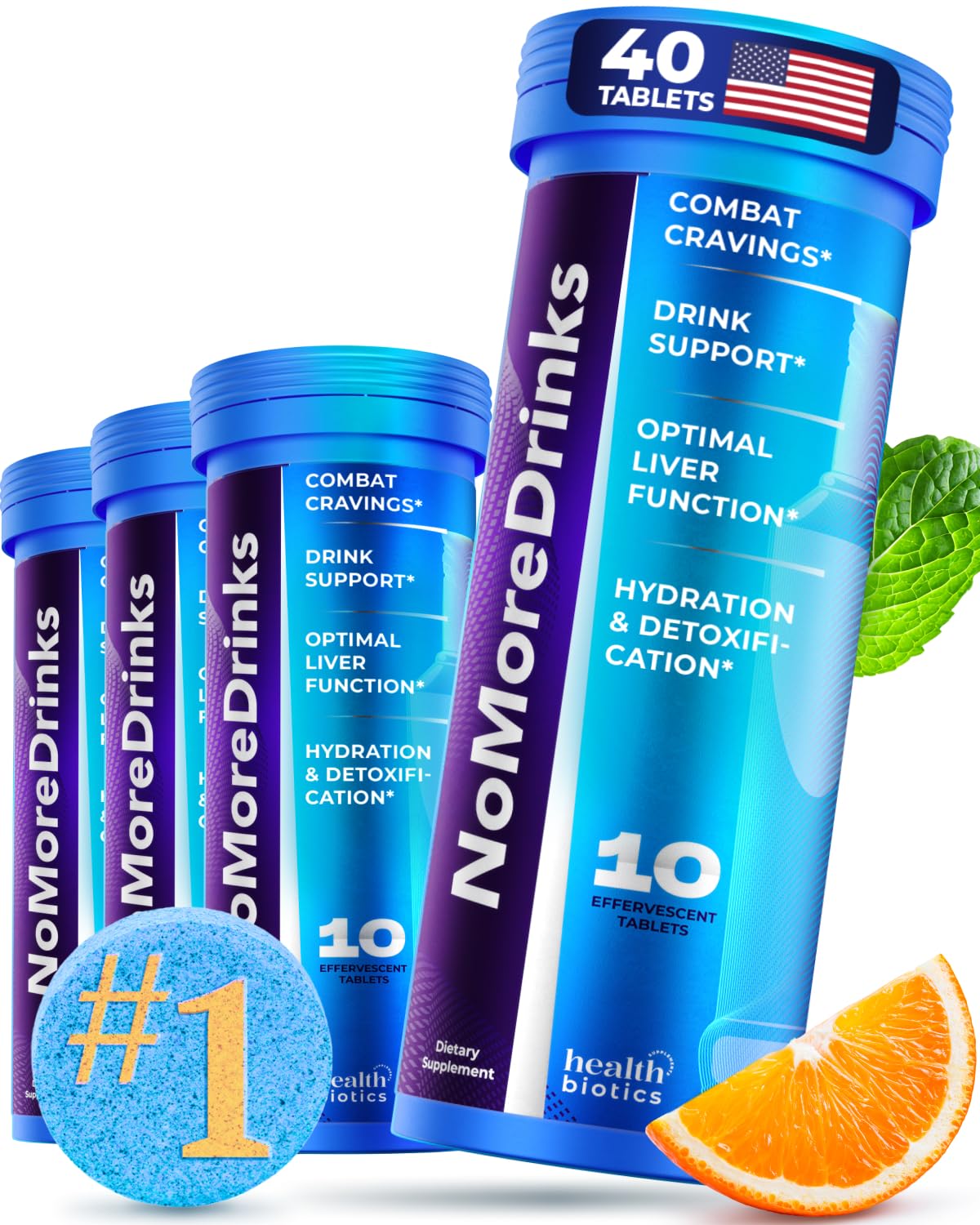 Healthbiotics NoMoreDrinks frontal del envase mostrando etiqueta y beneficios