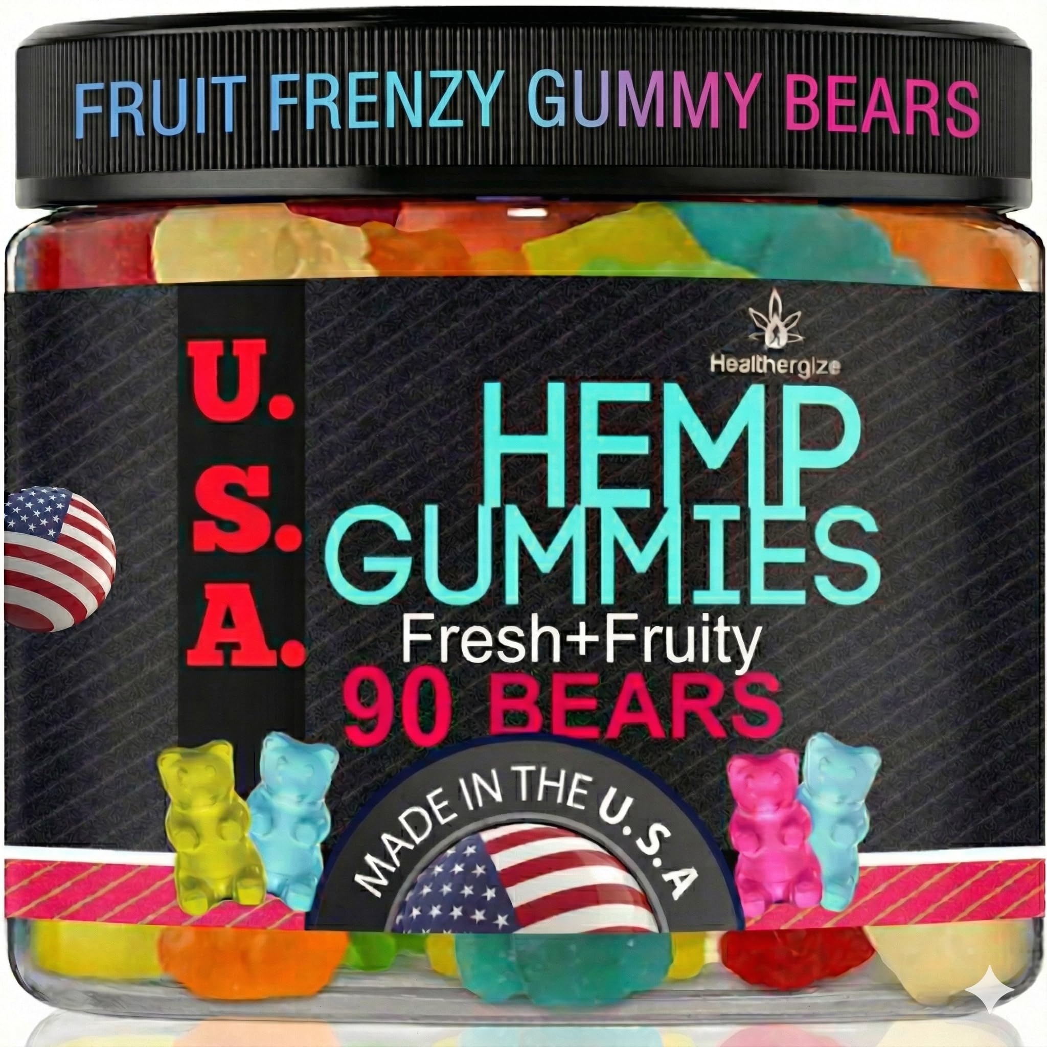 Healthergize frente del empaque mostrando 90 gomitas y beneficios