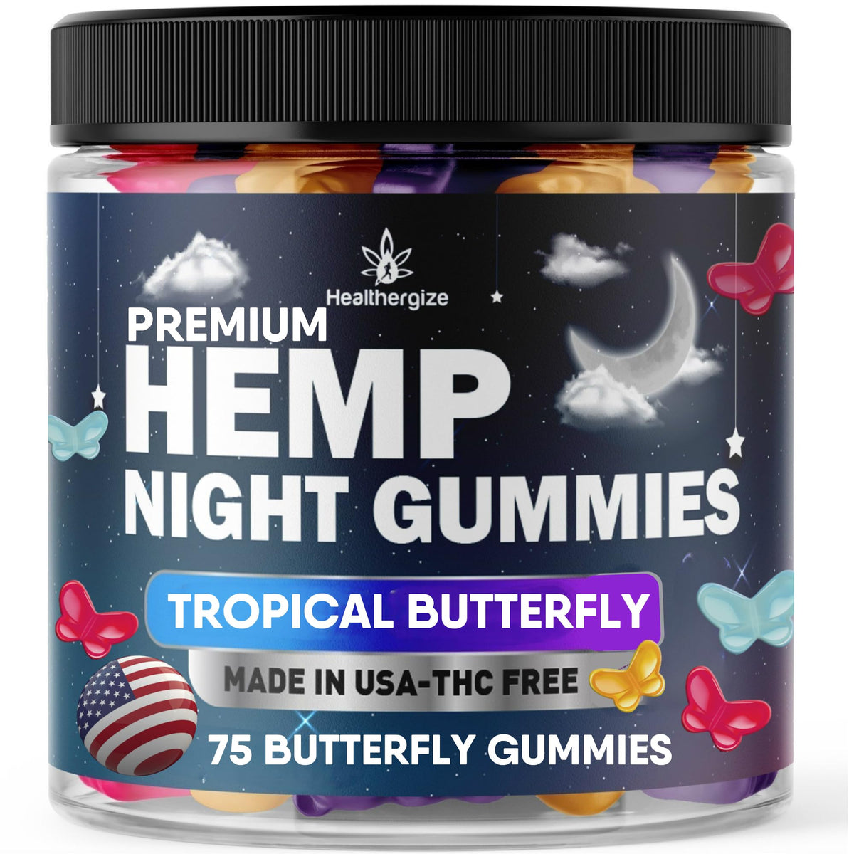 Healthergize envase frontal de gomitas frutales, aporta calma y sabor agradable