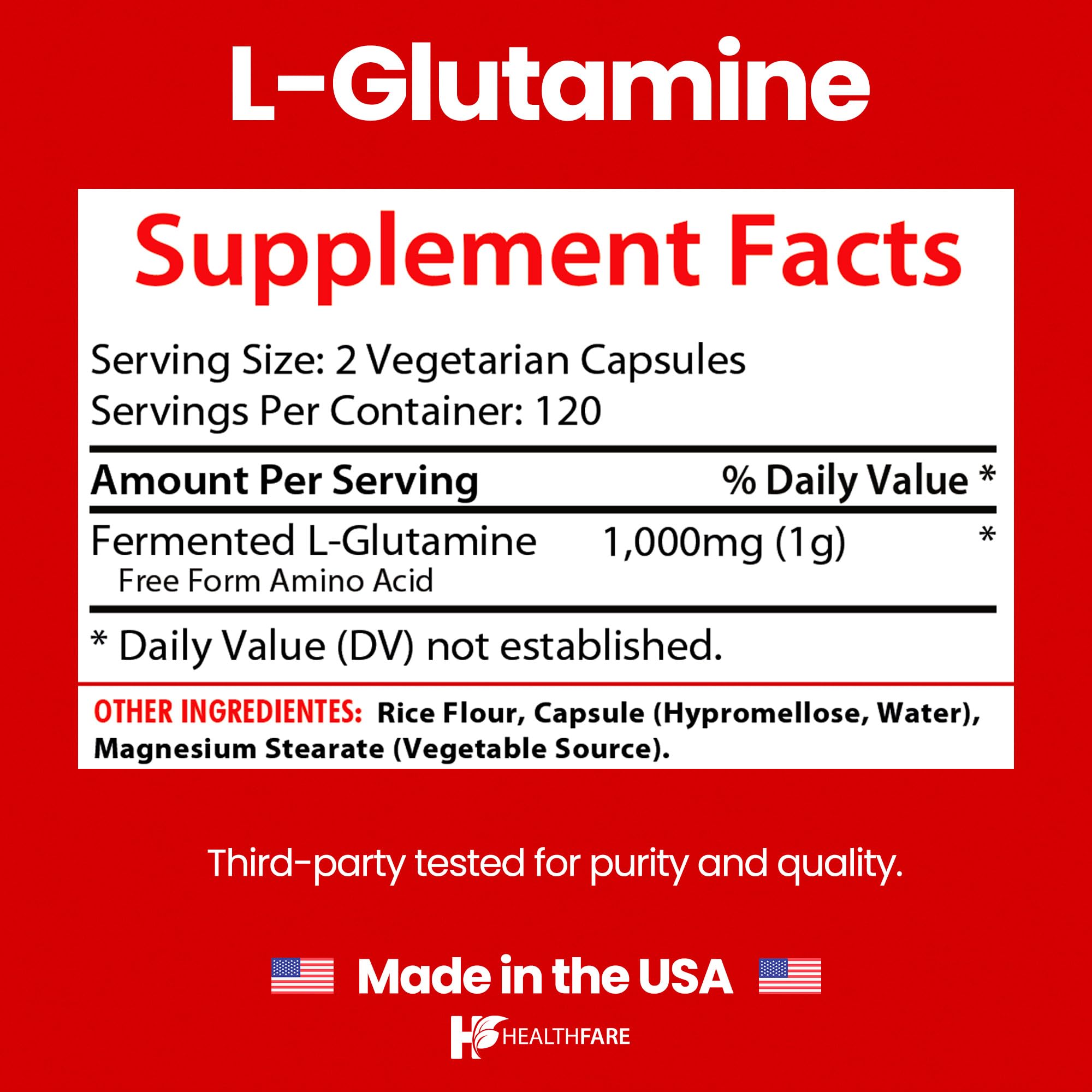 HealthFare etiqueta con ingredientes y sello Made in USA para confianza