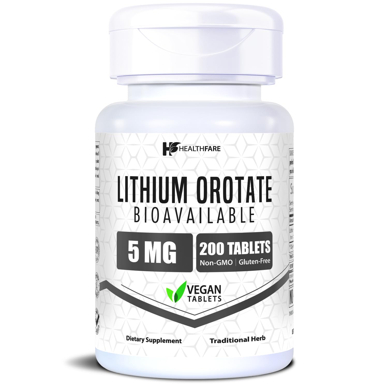 HealthFare frasco frontal mostrando 200 tabletas y etiquetas claras