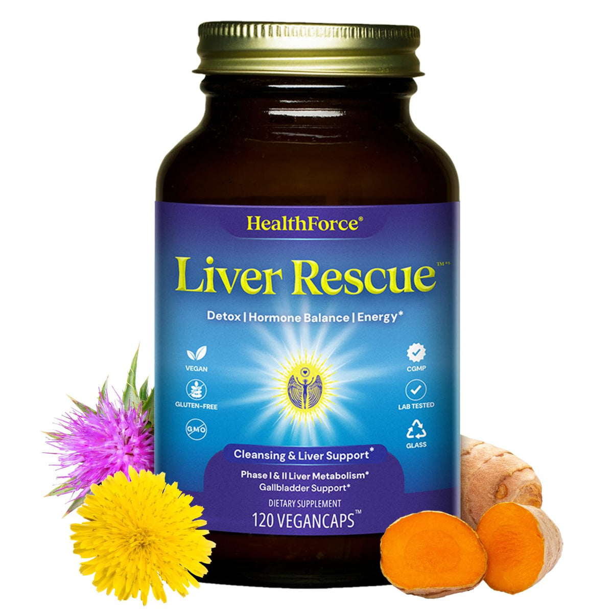 HealthForce SuperFoods frasco delantero mostrando etiqueta y beneficios