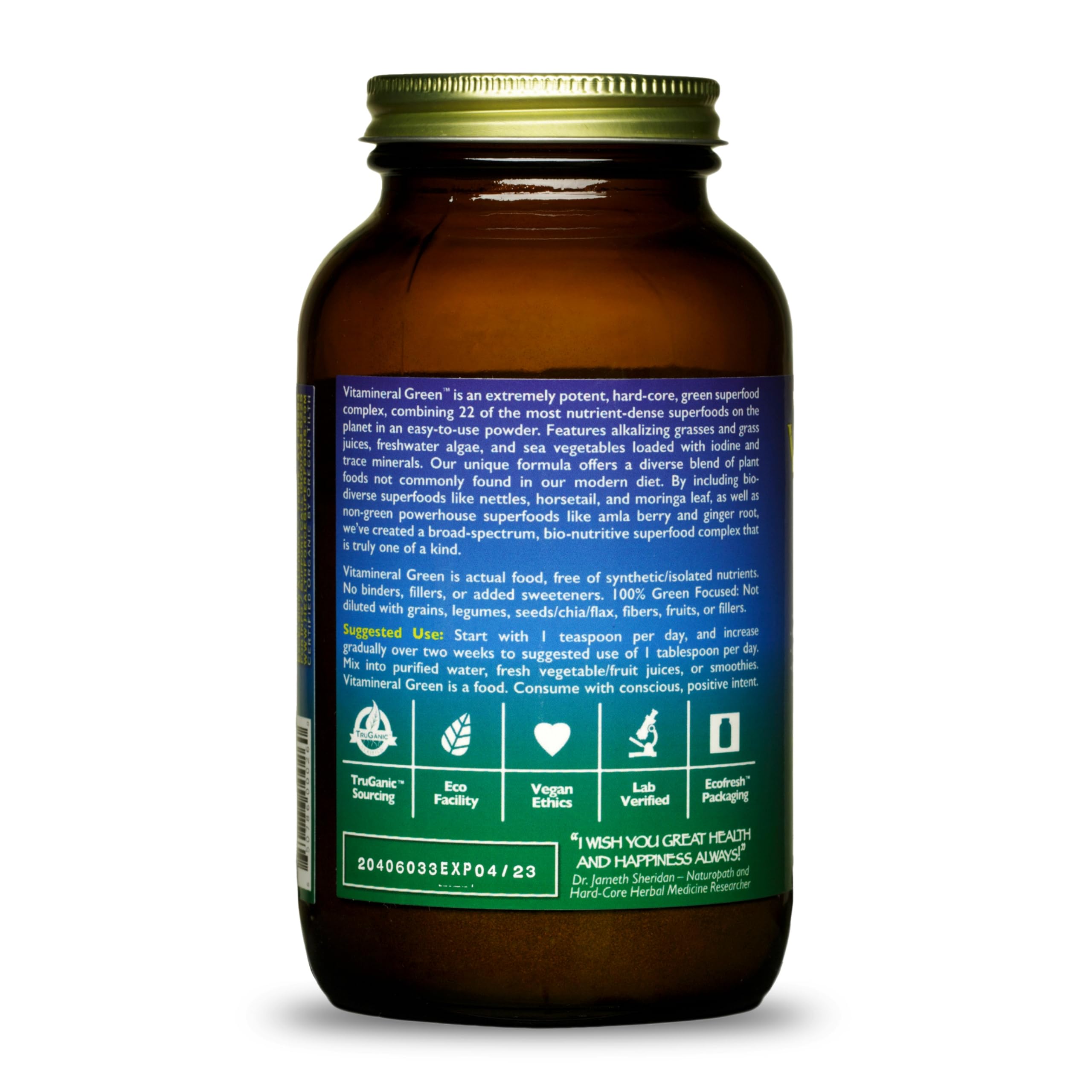 Healthforce Vitamineral Green etiqueta con lista de ingredientes y certificaciones