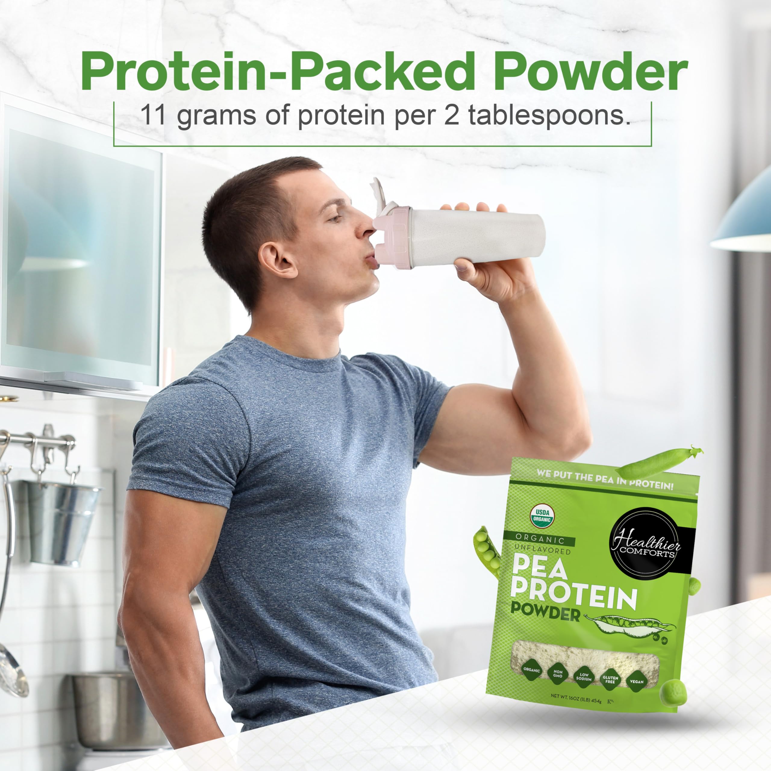Healthier Comforts envase en cocina mostrando uso diario conveniente