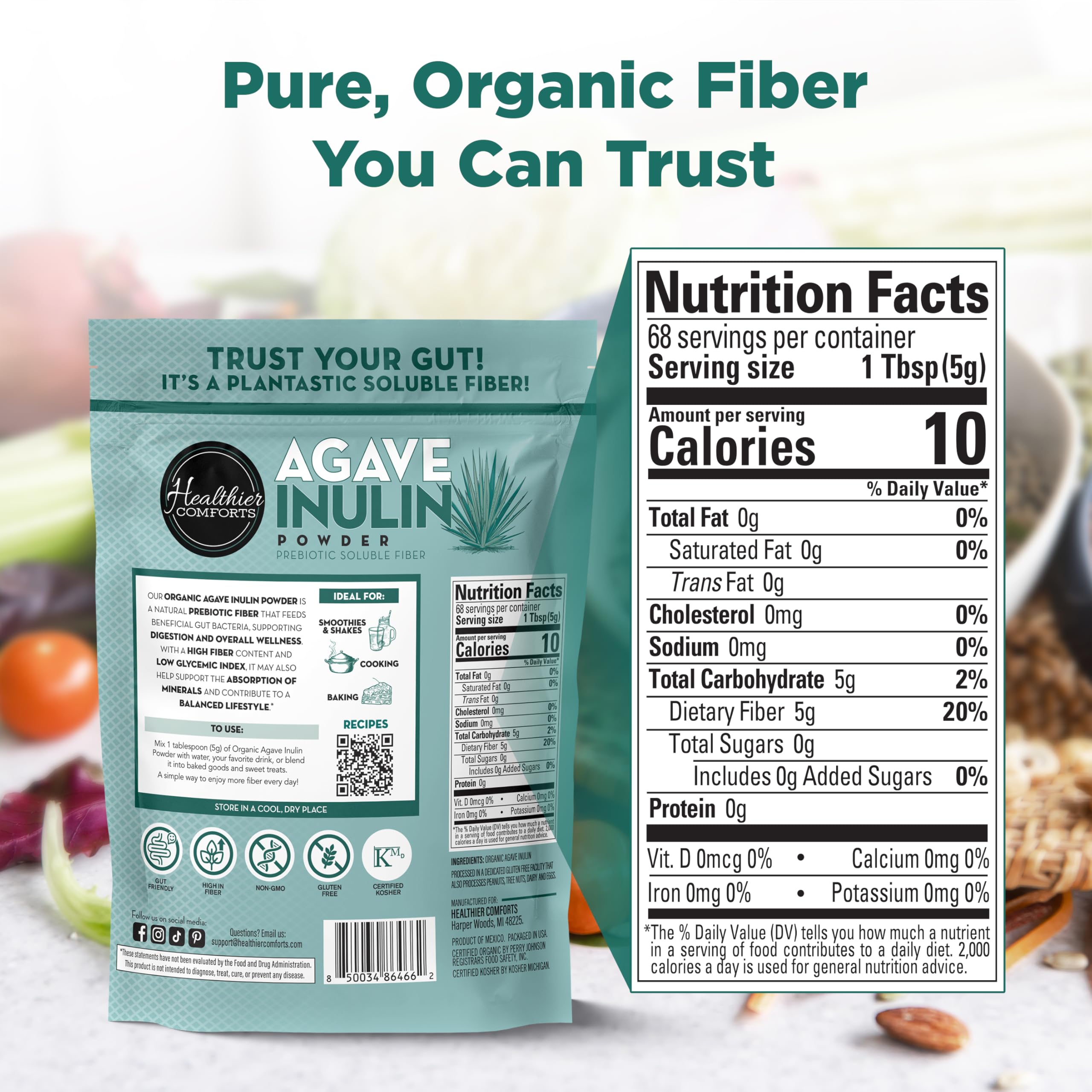 Healthier Comforts etiqueta con certificaciones USDA Organic y Non-GMO visibles