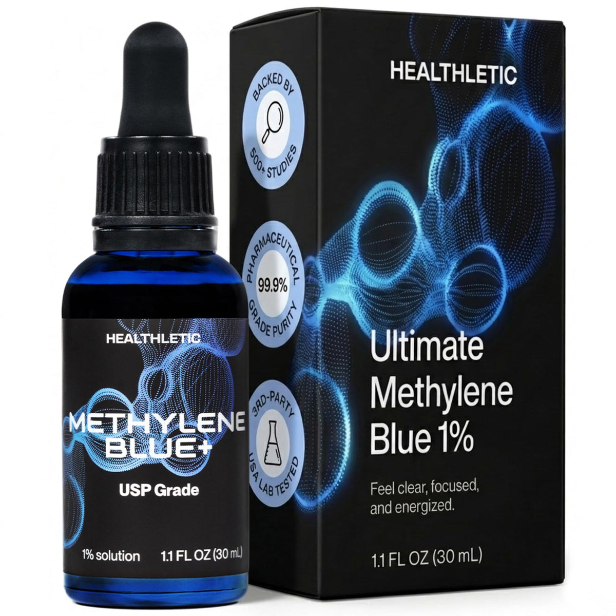 HEALTHLETIC frasco frontal de metileno azul 1% USP, beneficio pureza verificable