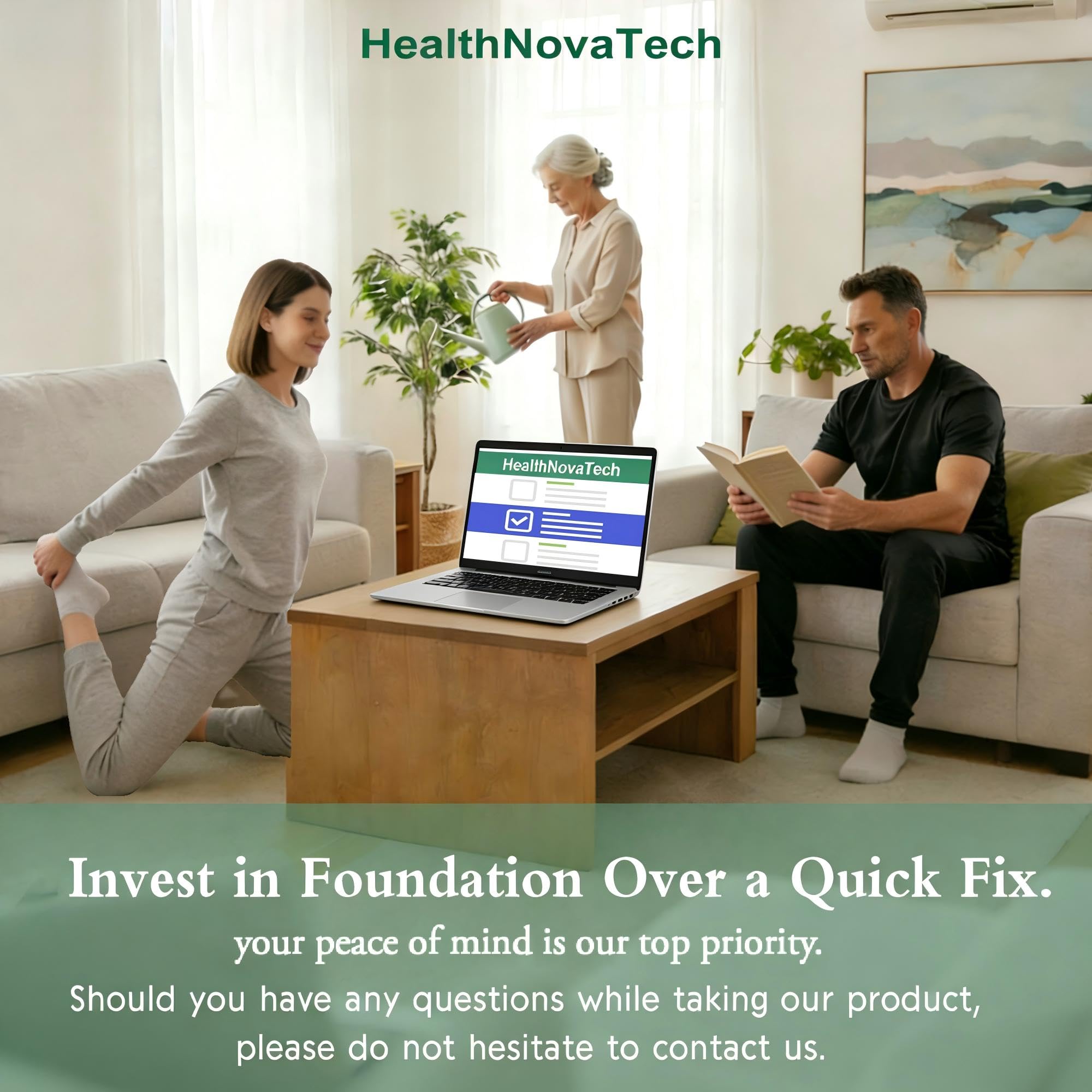 Empaque HealthNovaTech con sellos GMP y prueba de laboratorio para tranquilidad
