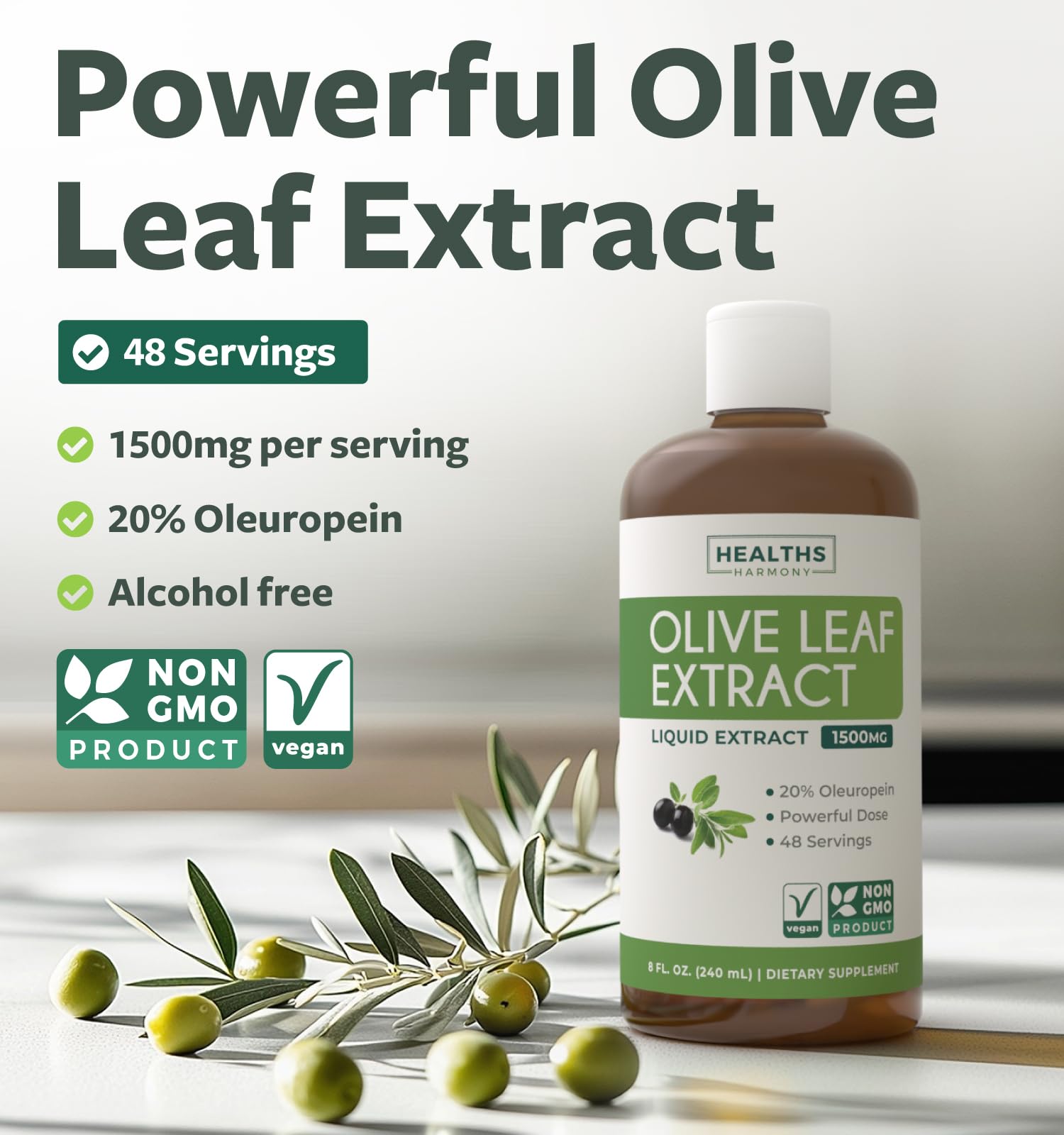 Healths Harmony detalle de etiqueta con 1500mg y 20% oleuropeína