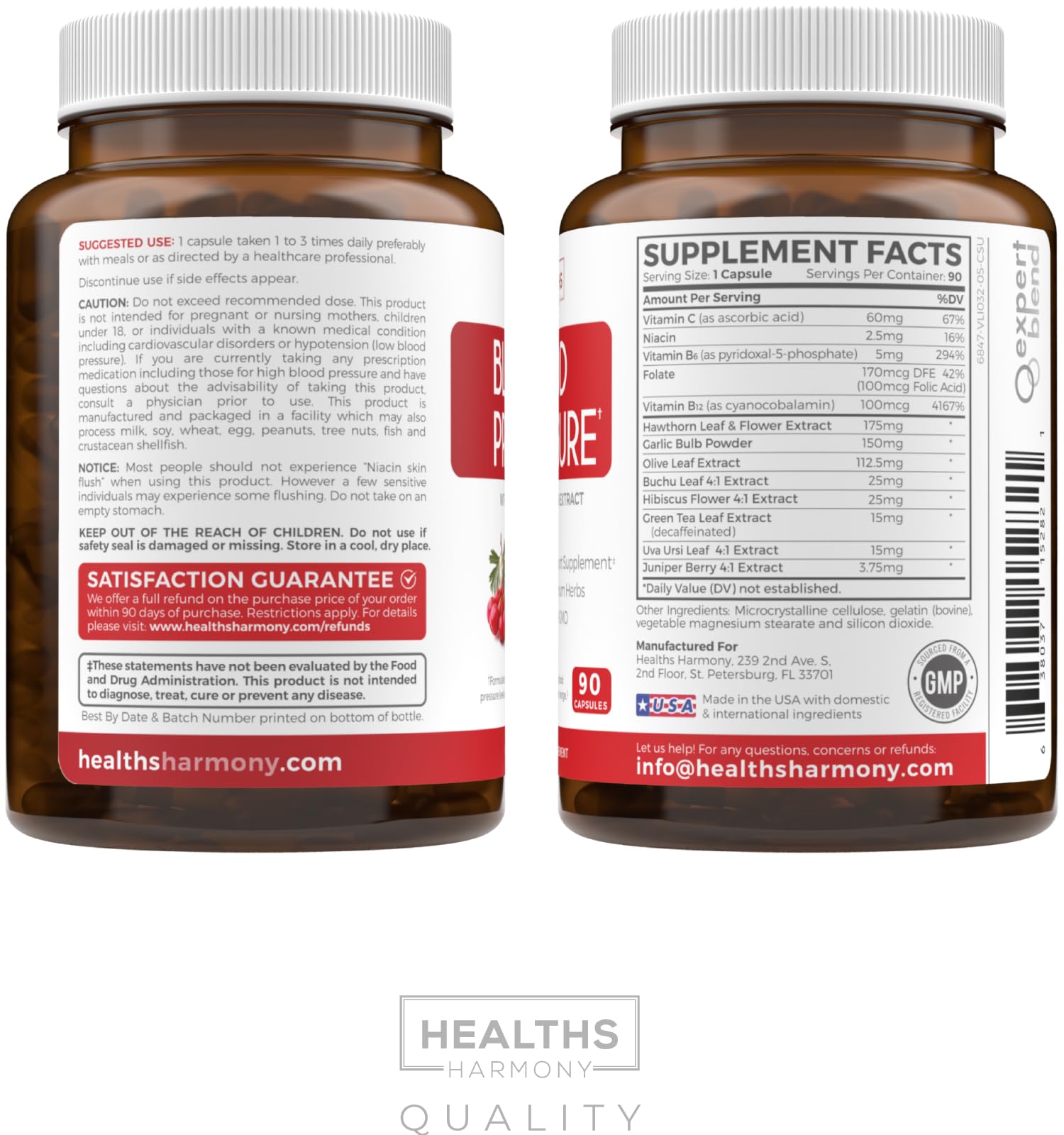 Healths Harmony empaque lateral que resalta certificación GMP y origen USA