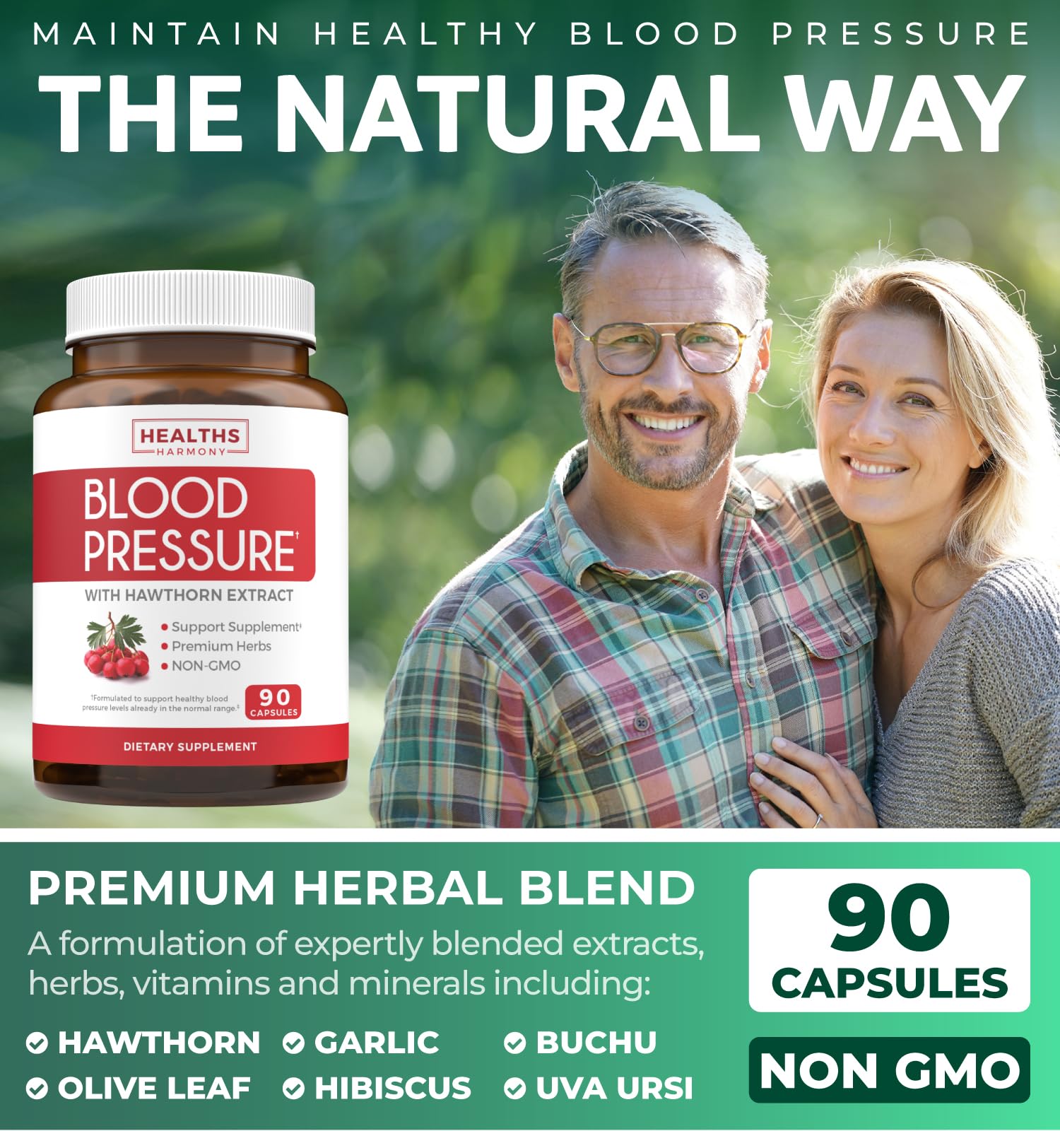 Healths Harmony ingredientes secos incluyendo espino blanco y ajo visibles