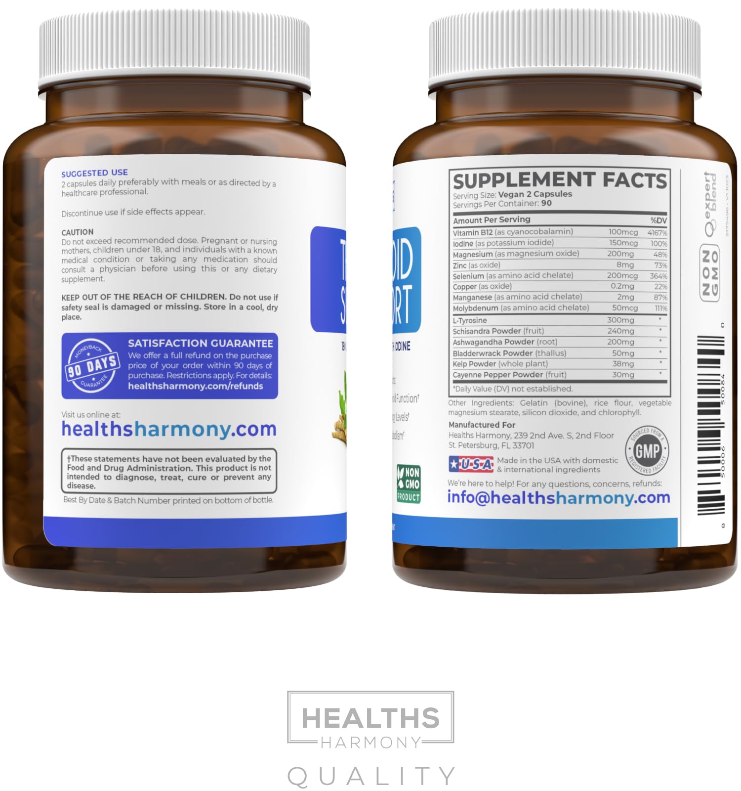 Healths Harmony packaging lateral mostrando sello no GMO y cGMP