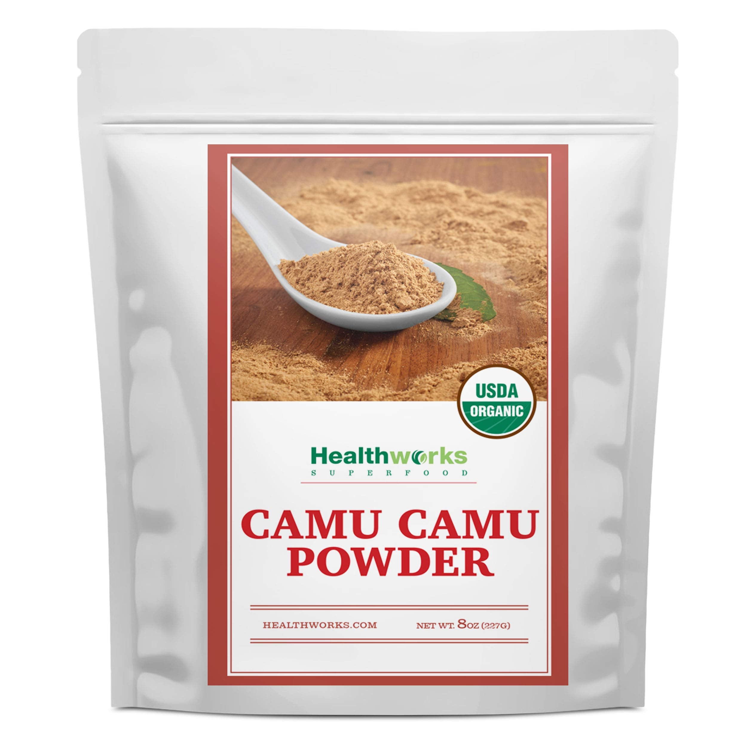 Healthworks Superfoods envase frontal de Camu Camu mostrando etiqueta orgánica y tamaño