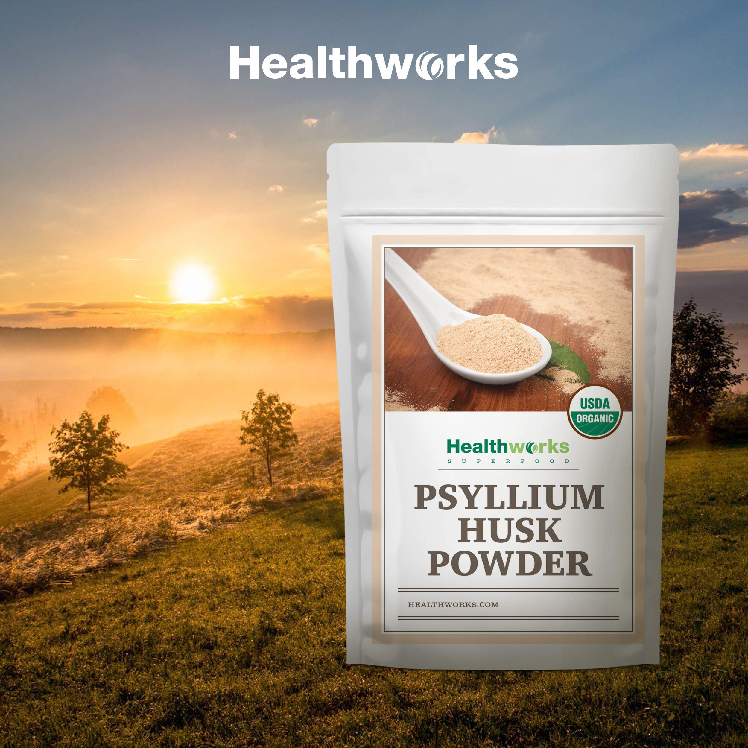 Healthworks Superfoods frasco abierto con polvo, muestra la finura y pureza