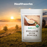 Healthworks Superfoods frasco abierto con polvo, muestra la finura y pureza