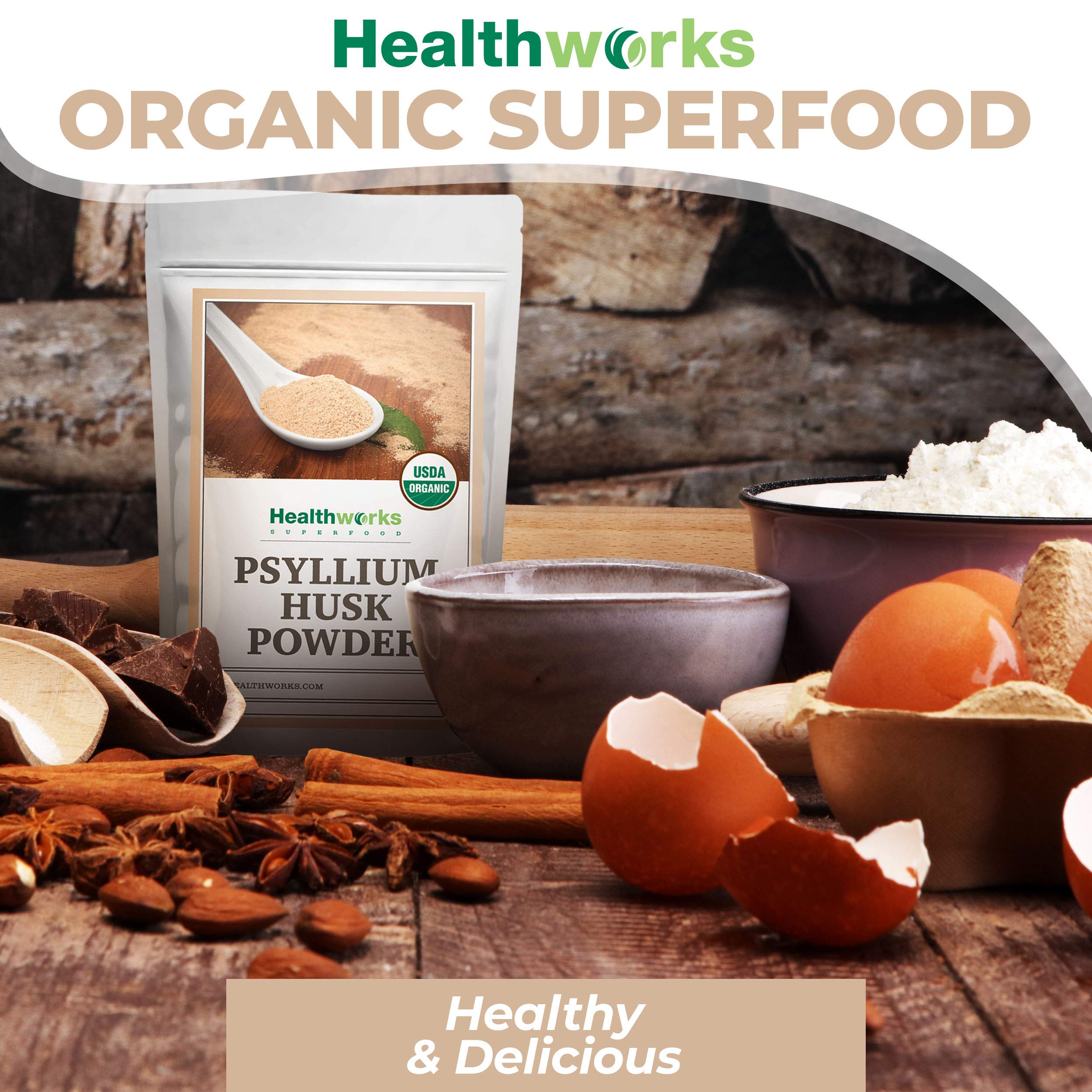 Healthworks Superfoods etiqueta con información nutricional y orgánica, transparente