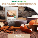 Healthworks Superfoods etiqueta con información nutricional y orgánica, transparente