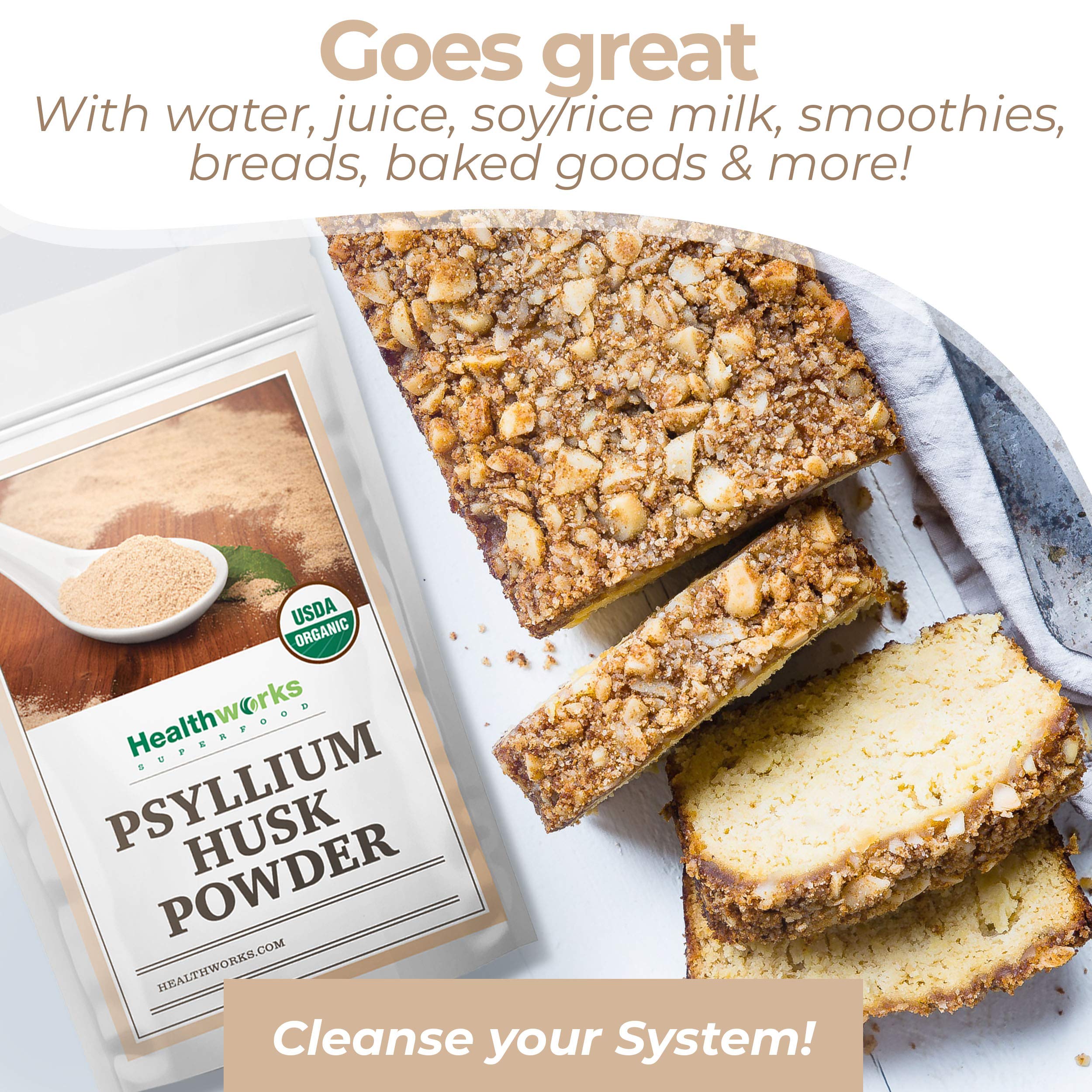 Healthworks Superfoods psyllium incorporado en masa de pan keto, mejora la cohesión