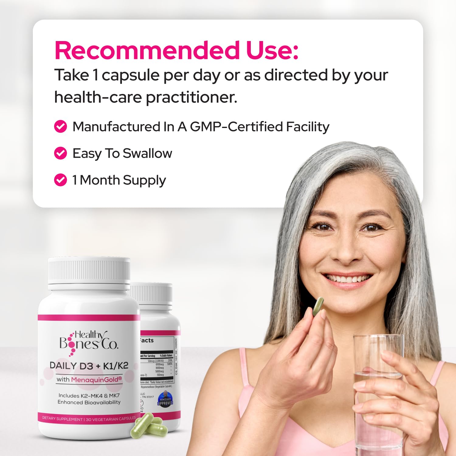 Healthy Bones Co. cápsula en mano para demostrar tamaño real y conveniencia
