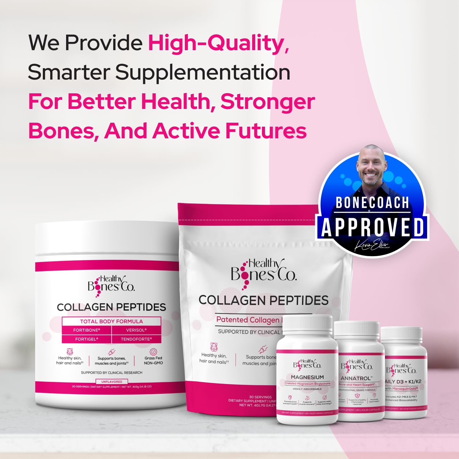 Healthy Bones Co. cápsulas sobre fondo natural indicando fórmula vegana