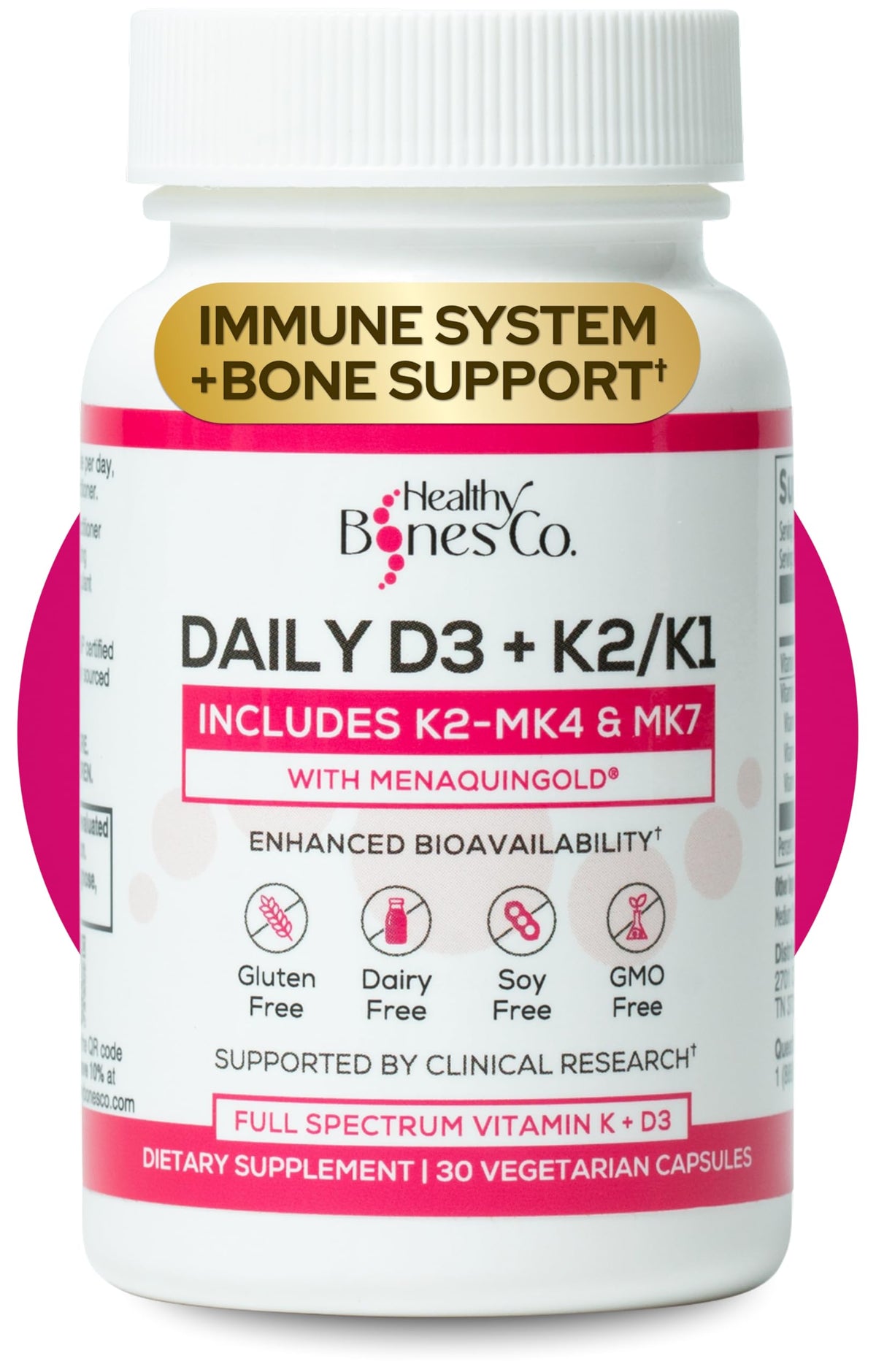 Healthy Bones Co. envase frontal claro mostrando la fórmula D3 K2 y beneficios