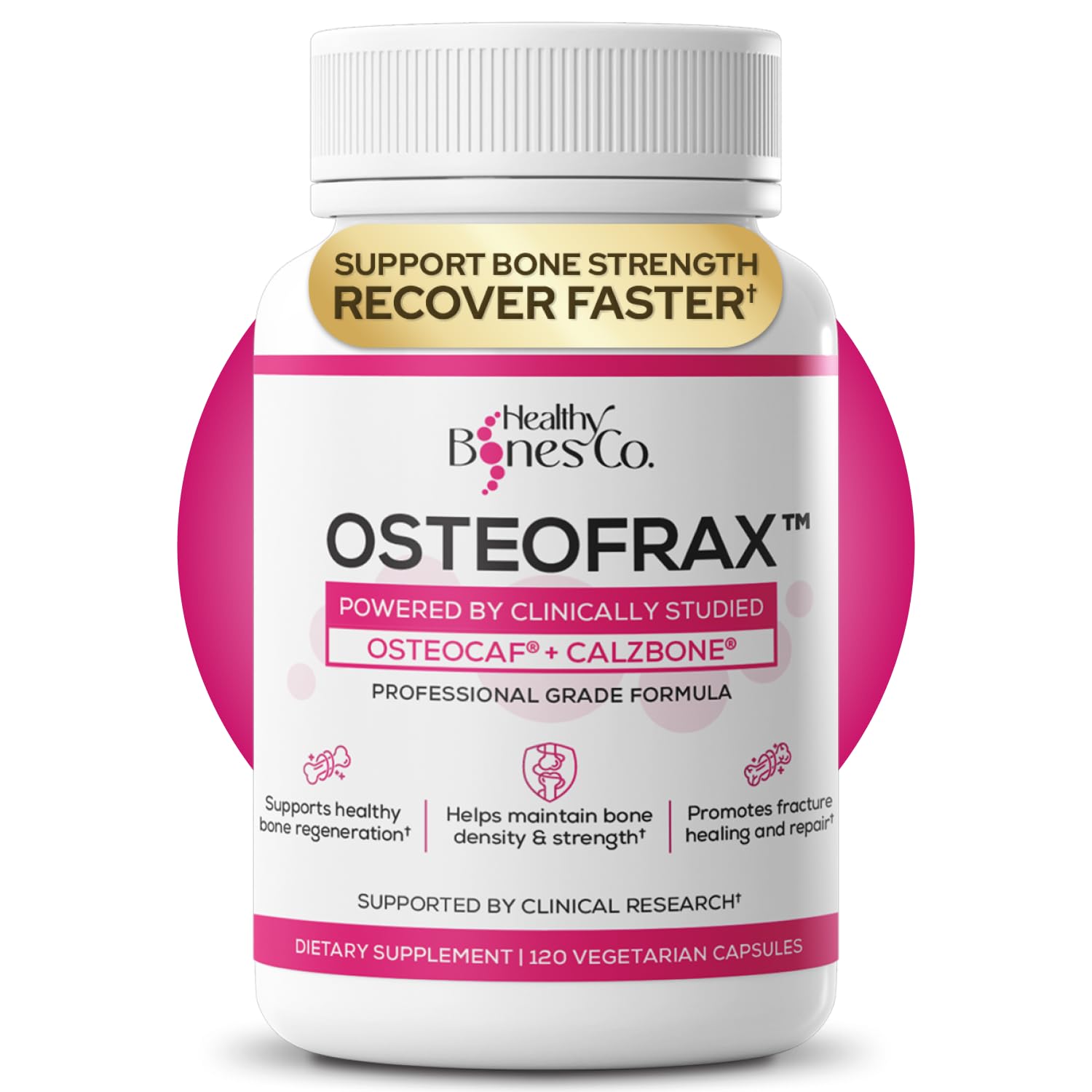 Healthy Bones Co. OsteoFrax frente del envase mostrando diseño claro y confianza