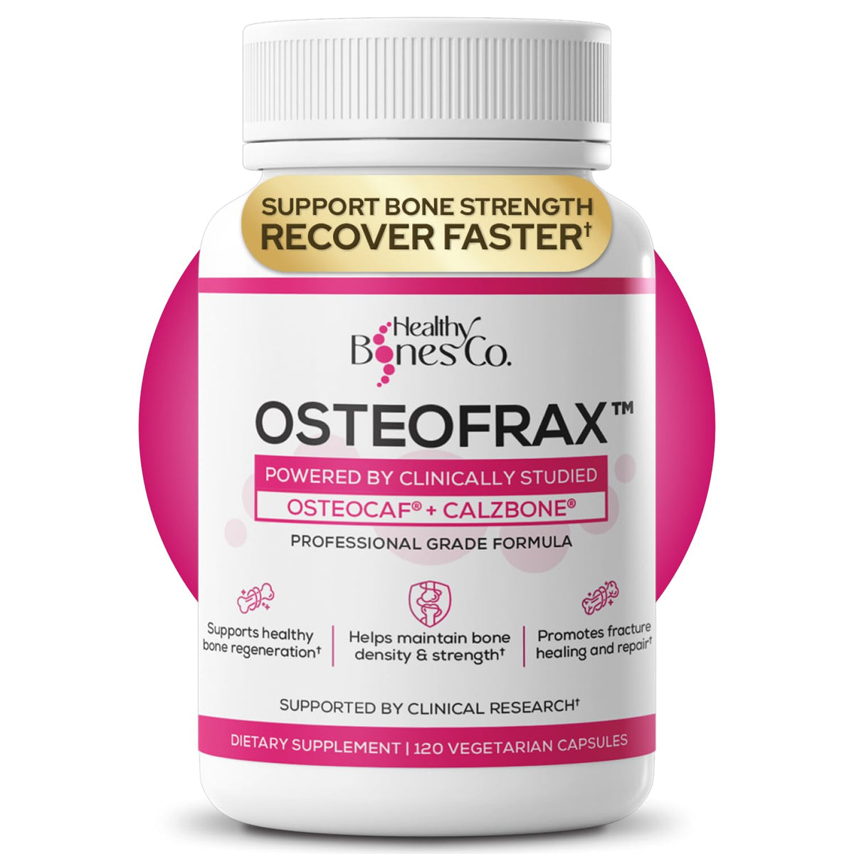Healthy Bones Co. OsteoFrax frente del envase mostrando diseño claro y confianza