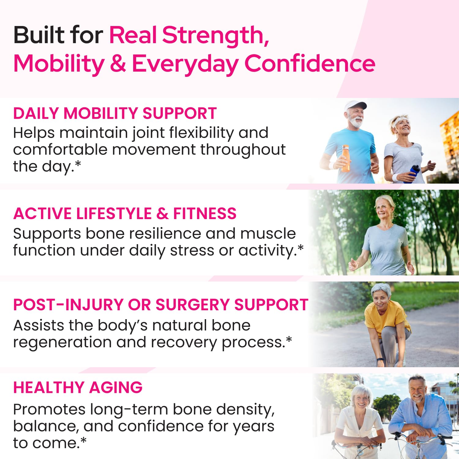 Healthy Bones Co. OsteoFrax mujer activa caminando al aire libre promoviendo vitalidad