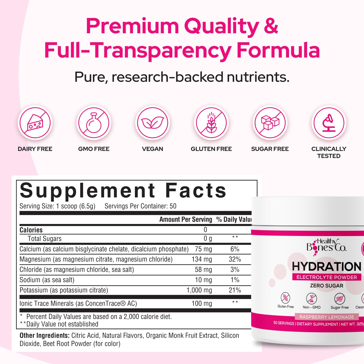 Healthy Bones Co. polvo rosa textura cercana que facilita mezcla rápida