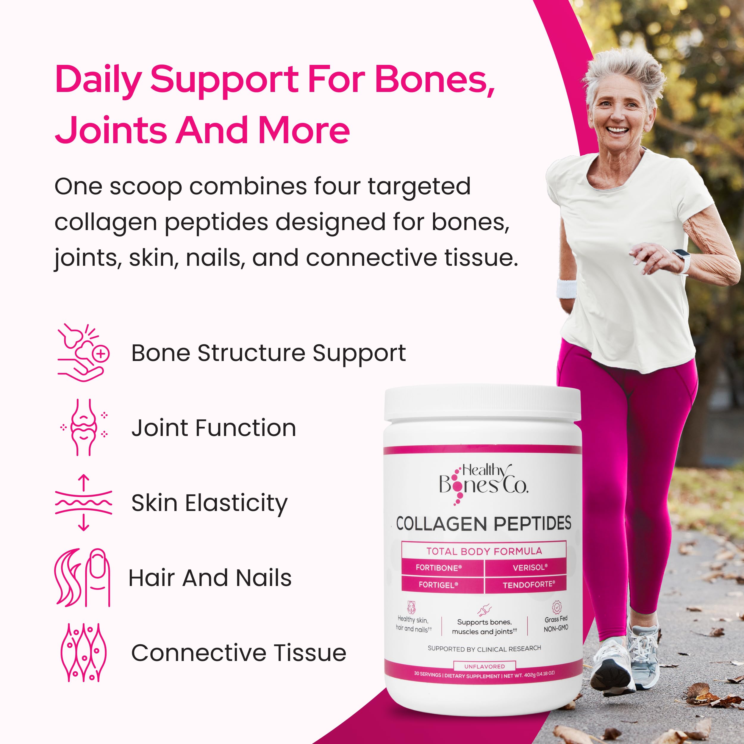 Healthy Bones Co. textura del polvo de colágeno en primer plano, mezcla fina y soluble
