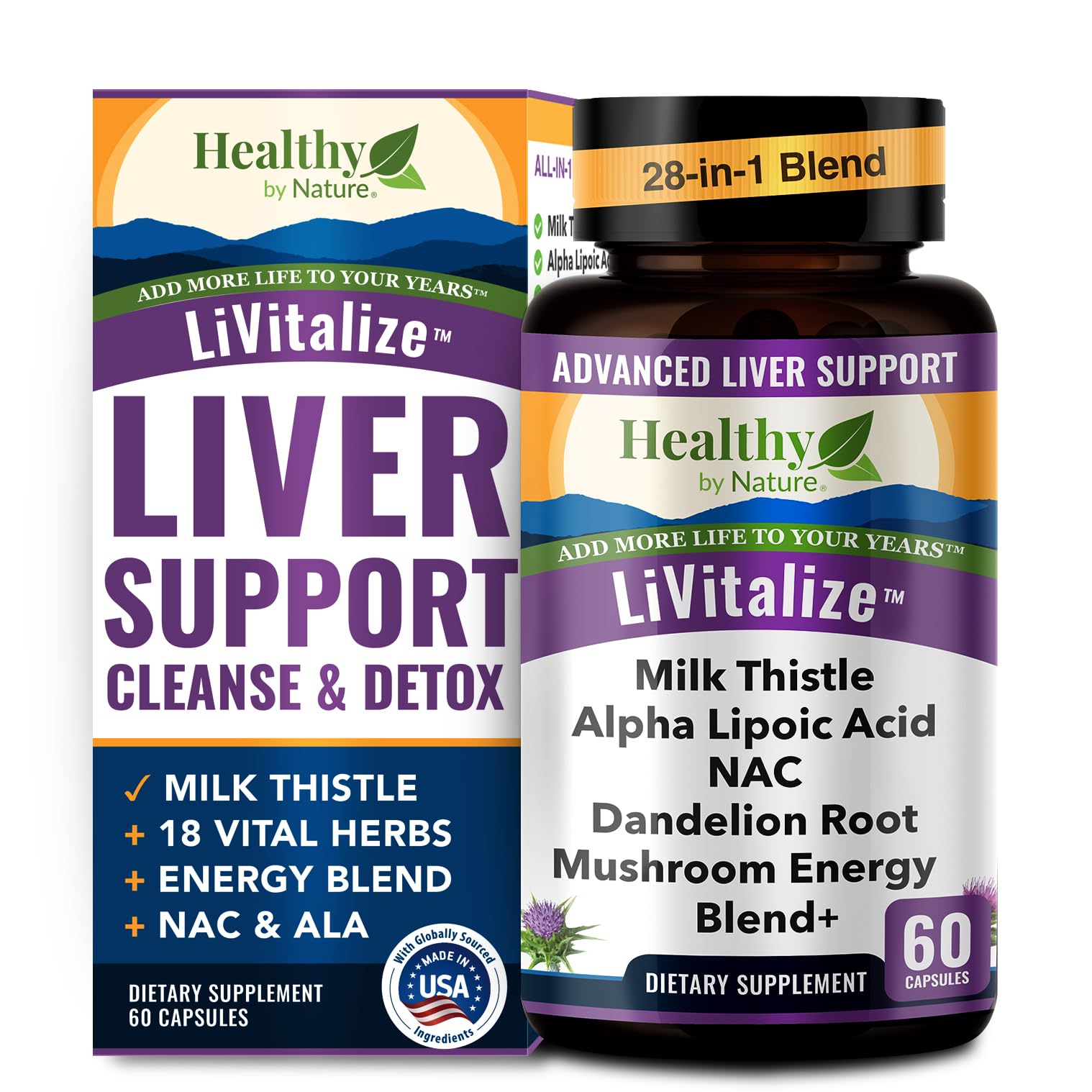 Healthy by Nature LiVitalize frasco delantero y etiqueta clara, disfruta confianza