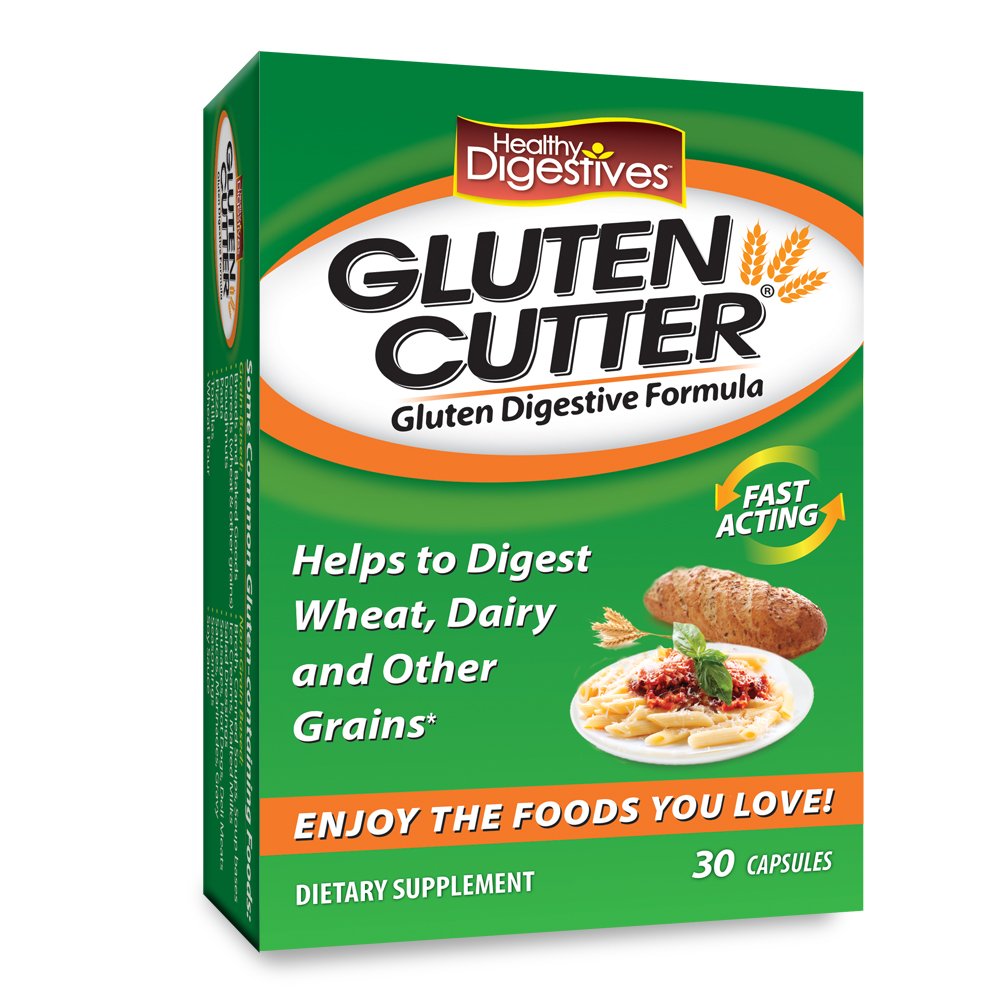 Healthy Delights bote frontal del suplemento Gluten Cutter mostrando etiqueta