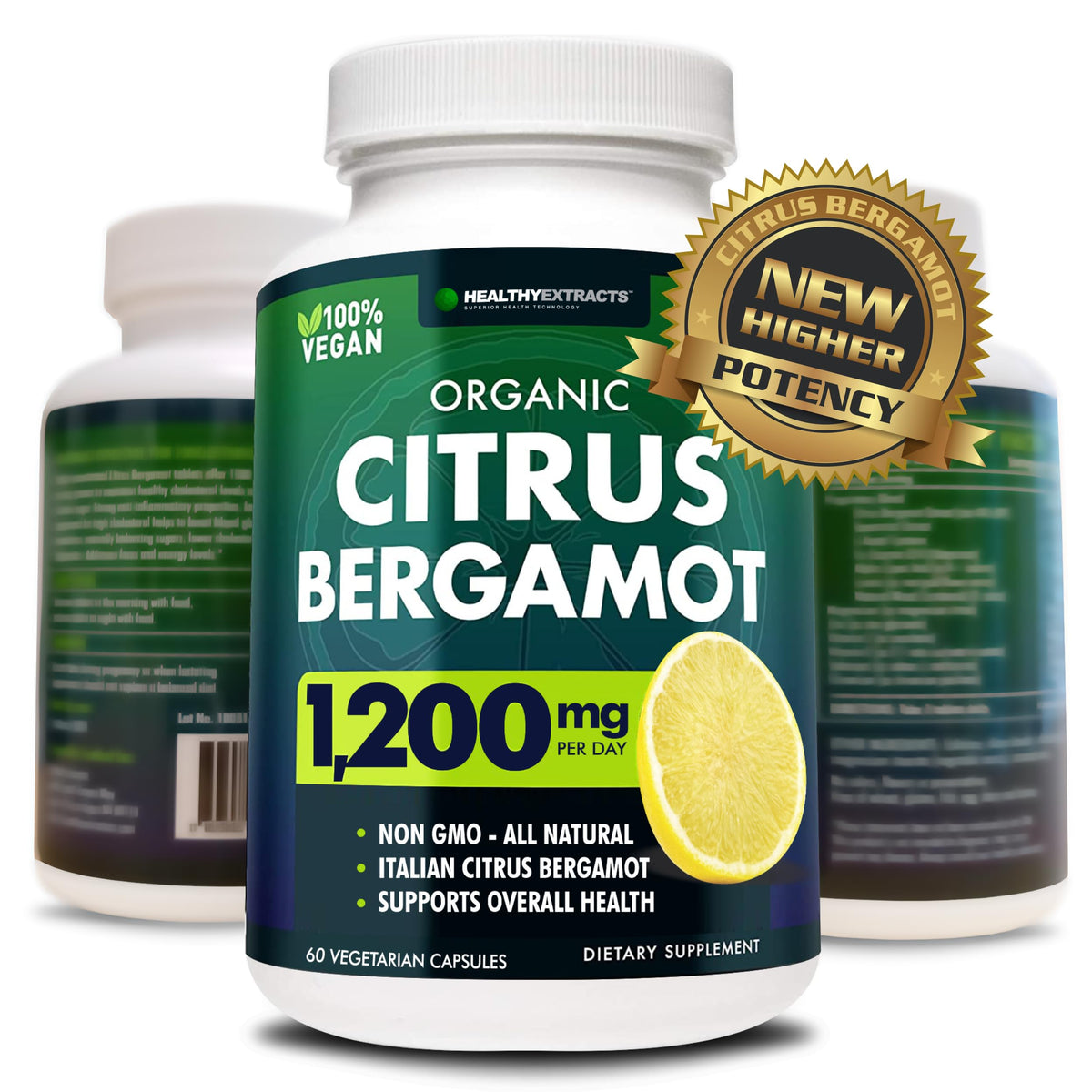 Healthy Extracts frasco delantero mostrando etiqueta y beneficio de alta potencia