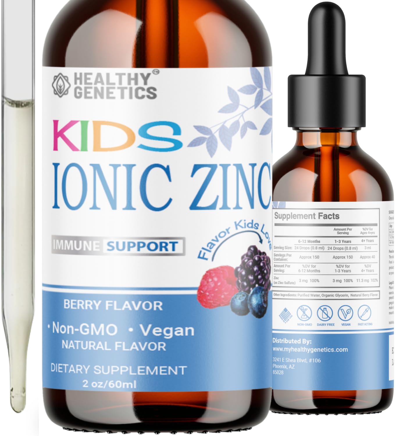 Healthy Genetics frasco frontal mostrando el tamaño y etiqueta clara