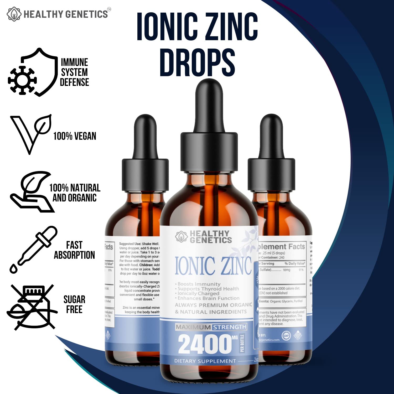 Healthy Genetics gota de zinc en dedo, textura clara y aplicación dosificable