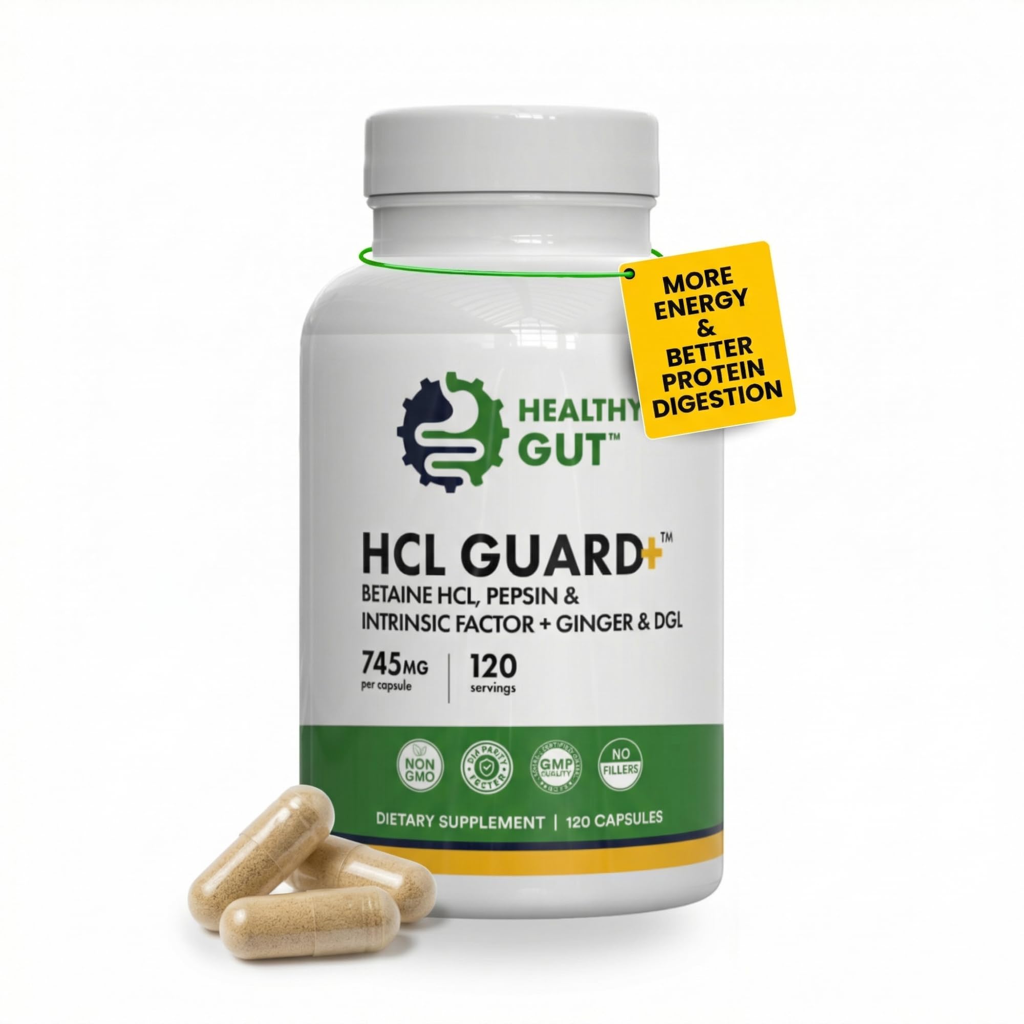 Healthy Gut envase frontal mostrando la etiqueta y beneficios clave