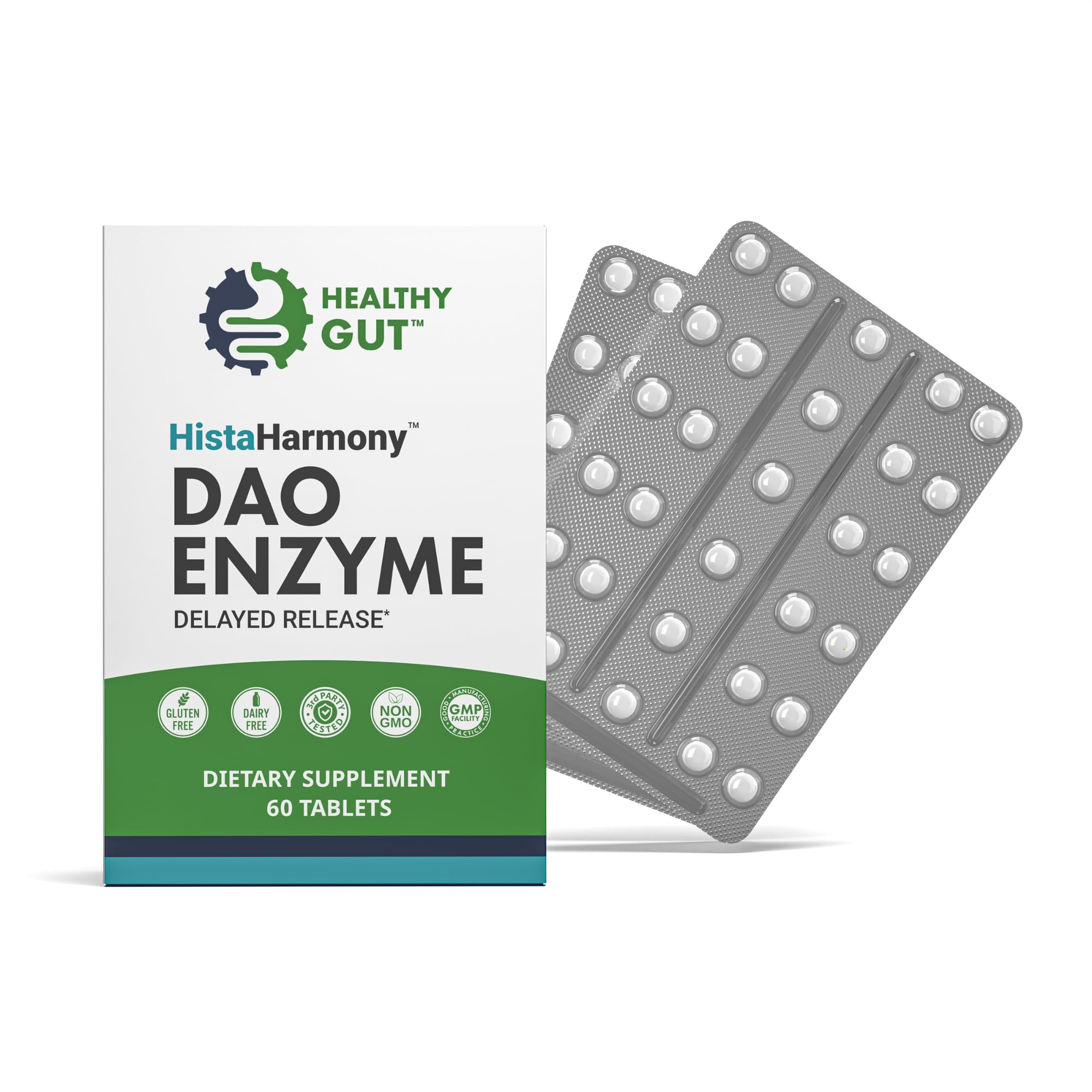 Healthy Gut envase frontal mostrando HistaHarmony y beneficio de apoyo digestivo