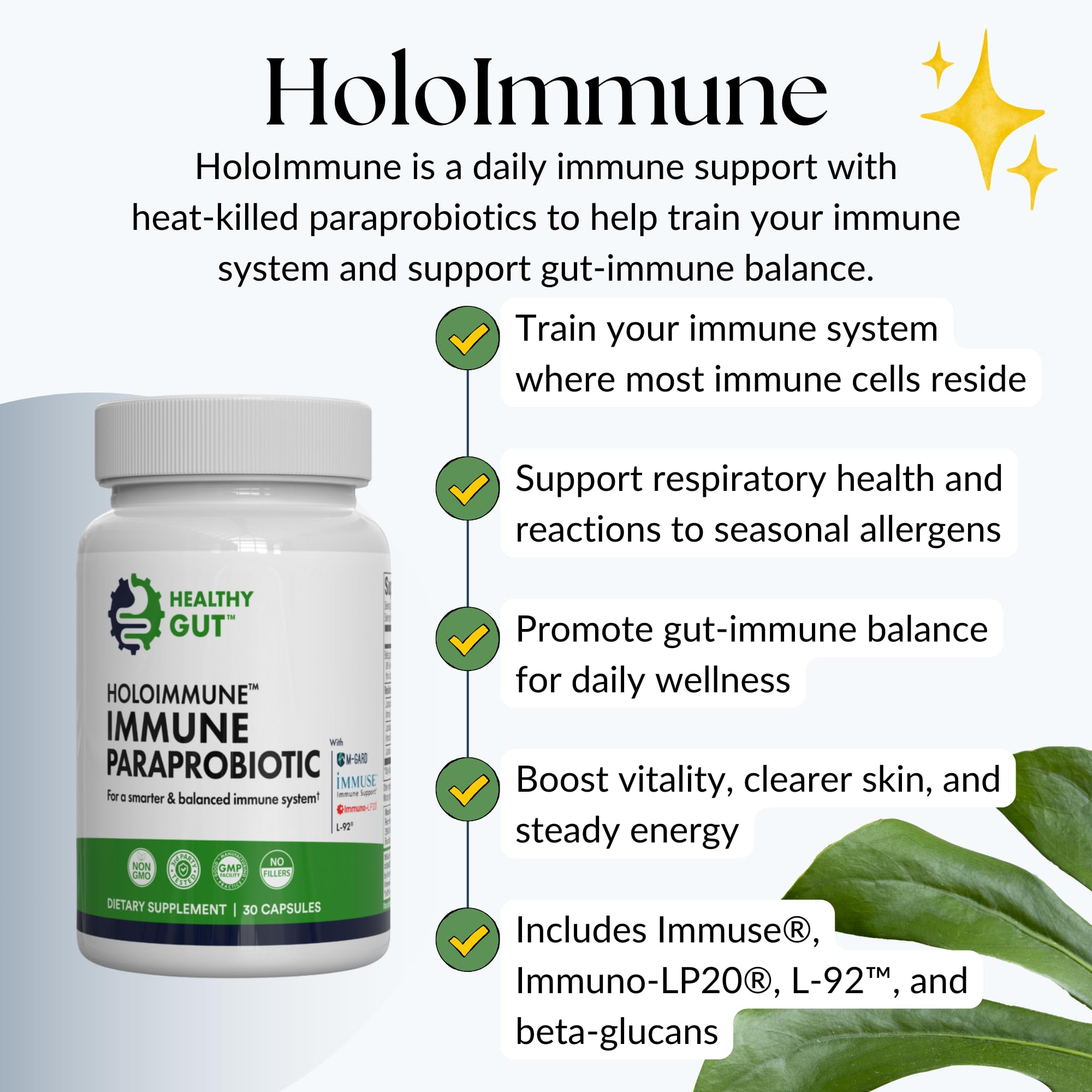 Healthy Gut espolvoreando HoloImmune sobre yogur para conveniencia diaria