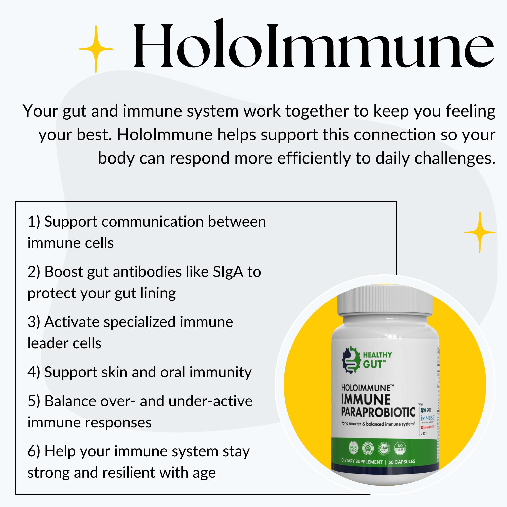 Healthy Gut HoloImmune tamaño del frasco en mano para comparar