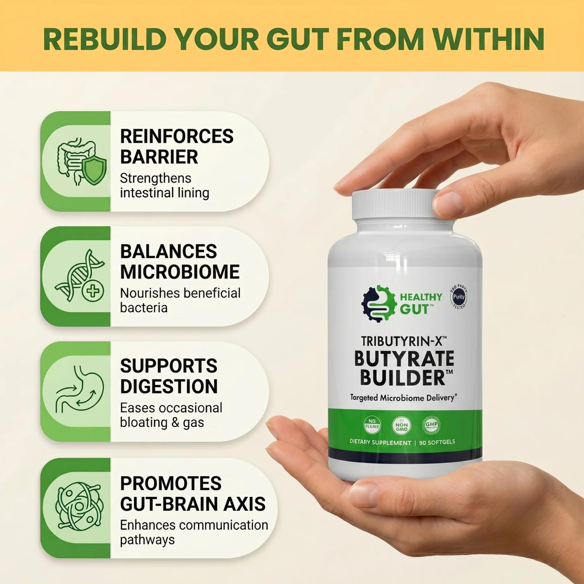 Healthy Gut cápsulas en mano para comparar tamaño y comodidad al tomar
