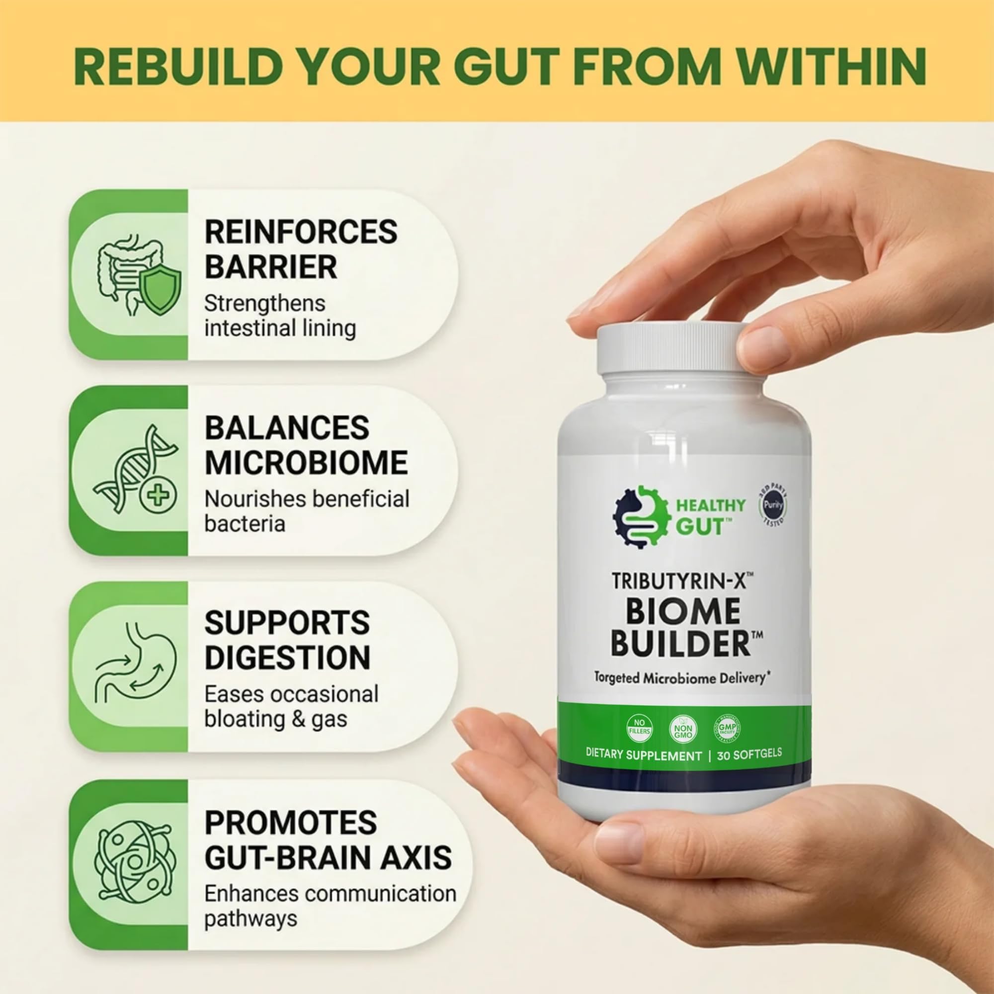 Healthy Gut lateral del envase con información de ingredientes y pureza