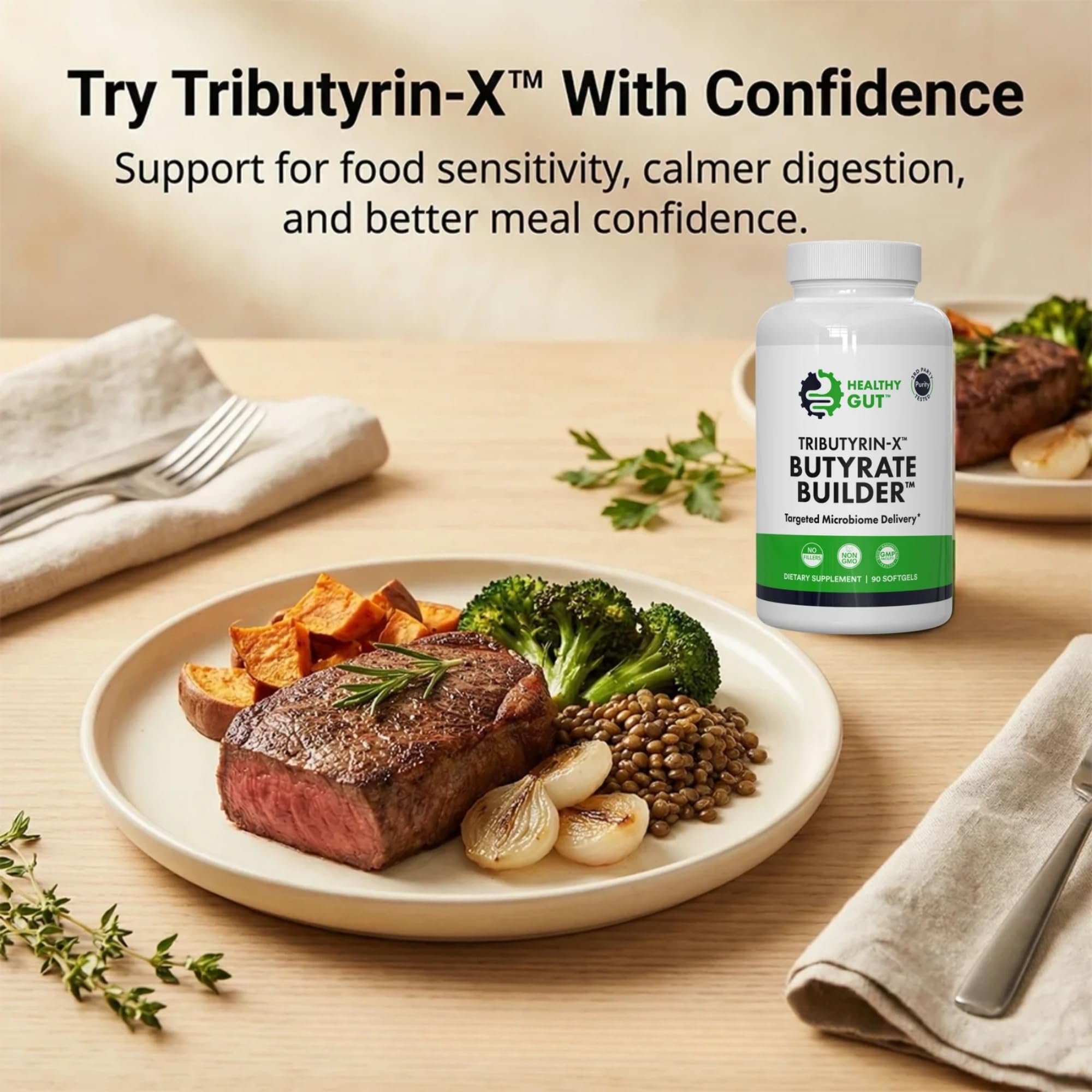 Healthy Gut envase abierto mostrando 90 softgels, almacenamiento y cantidad